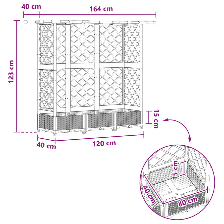 Verhoogd Bed met Trellis en Dak Grijs 164 x 40 x 123 cm PP