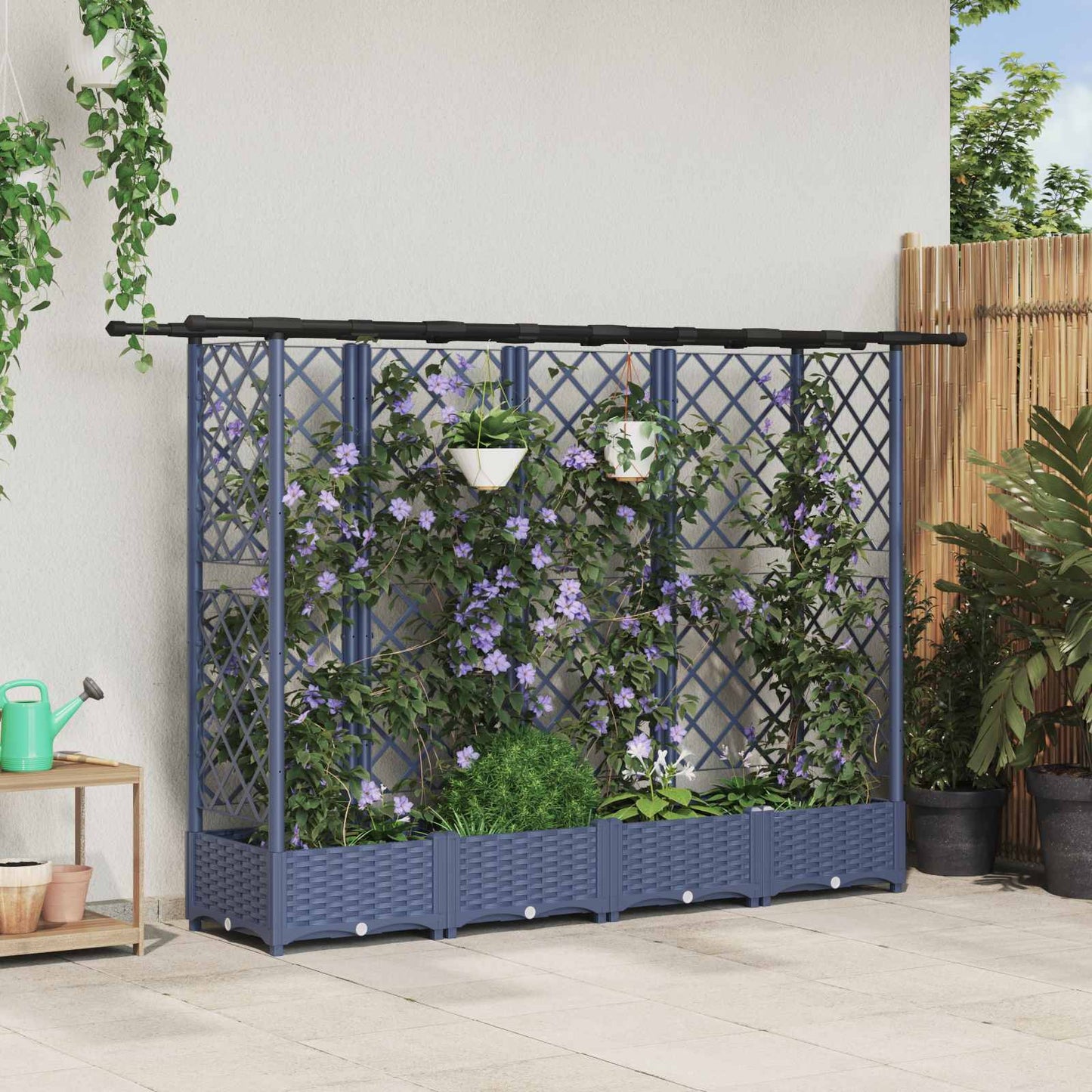 Verhoogd Bed met Trellis en Dak Grijs 202,5 x 40 x 123 cm PP