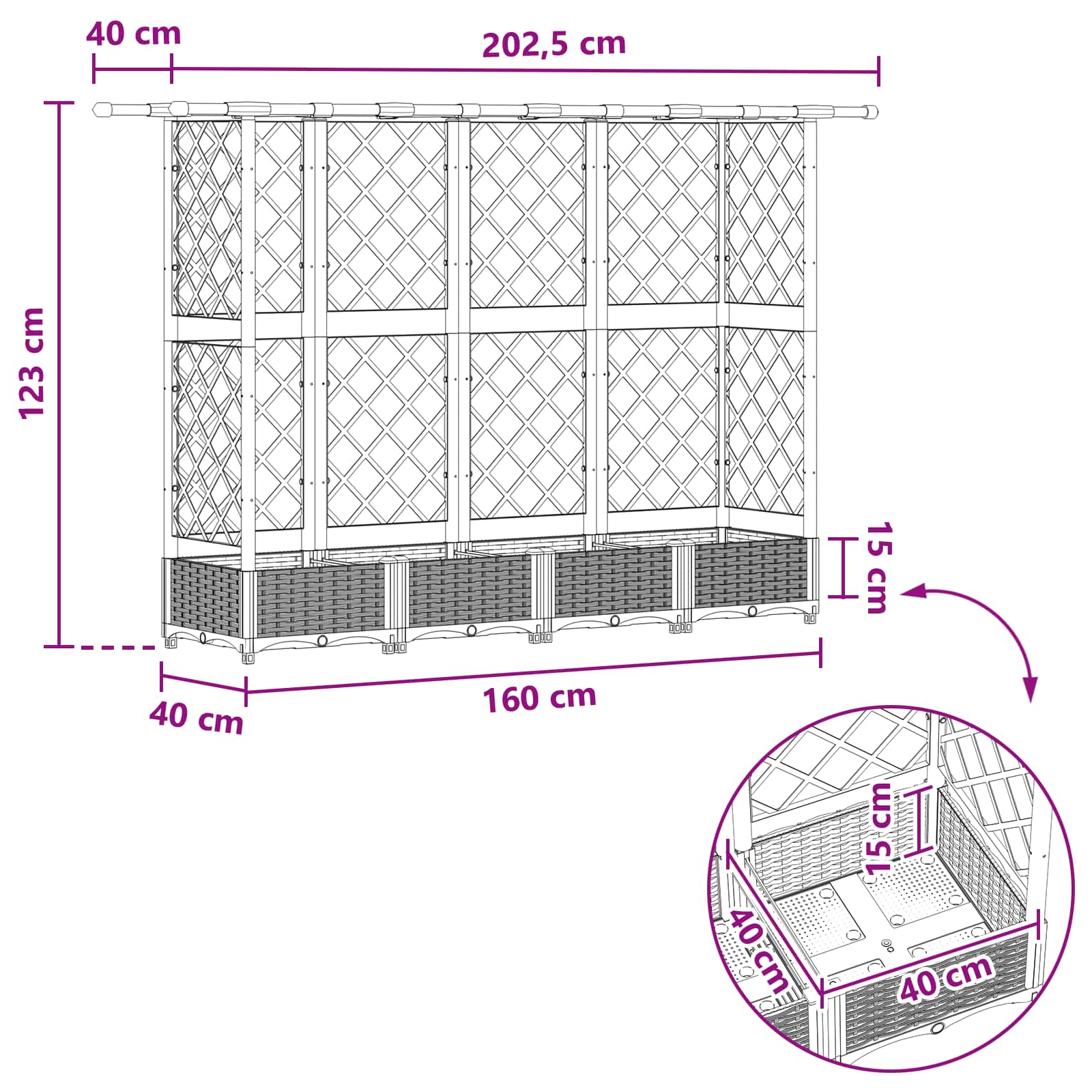 Verhoogd Bed met Trellis en Dak Grijs 202,5 x 40 x 123 cm PP