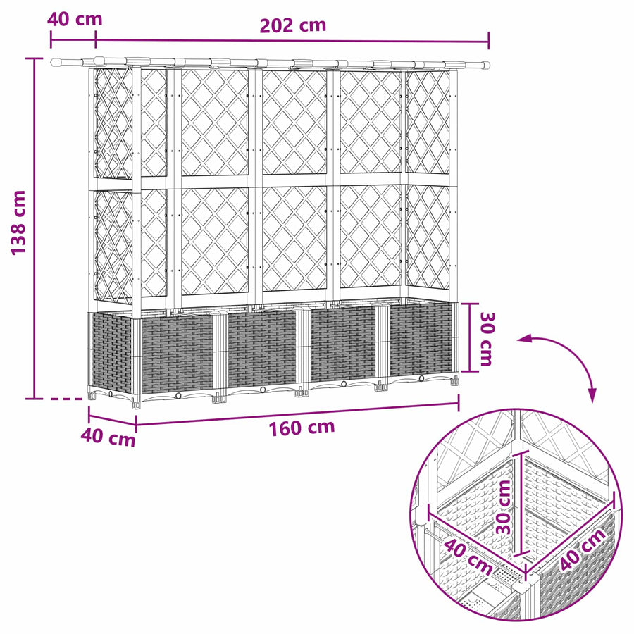 Verhoogd Bed met Trellis en Dak Grijs 202 x 40 x 138 cm PP