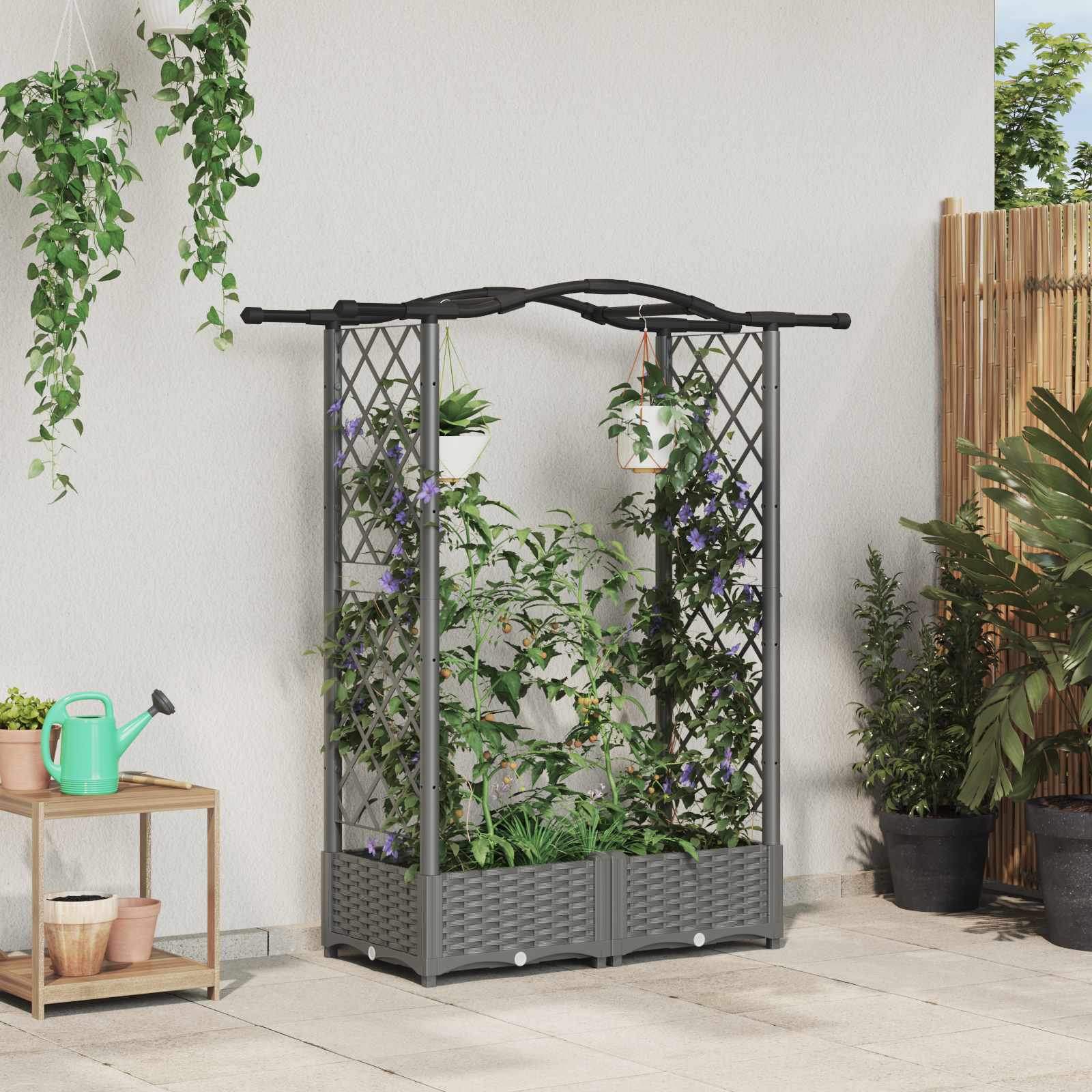 Verhoogd Bed met Trellis en Dak Lichtgrijs 124 x 40 x 125 cm PP
