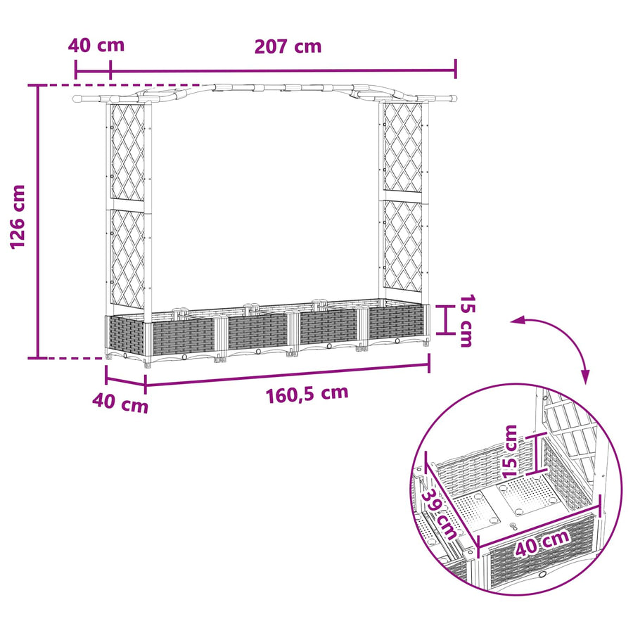 Verhoogd Bed met Trellis en Dak Lichtgrijs 207 x 40 x 126 cm PP