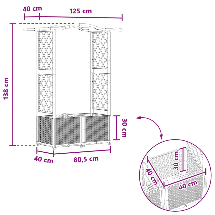 Verhoogd Bed met Trellis en Dak Lichtgrijs 125 x 40 x 138 cm PP