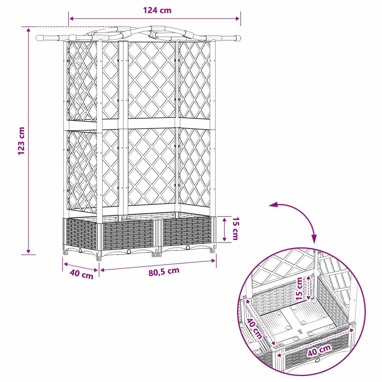 Verhoogd Bed met Trellis en Dak Lichtgrijs 124 x 40 x 123 cm PP
