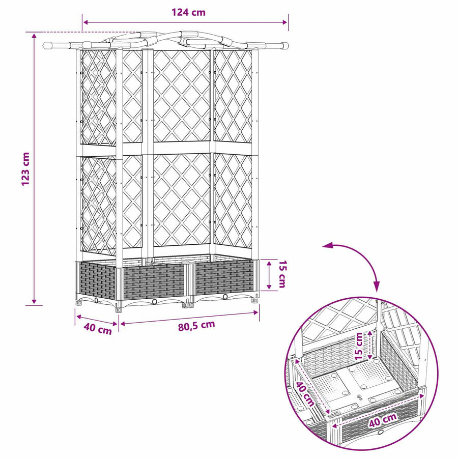Verhoogd Bed met Trellis en Dak Lichtgrijs 124 x 40 x 123 cm PP