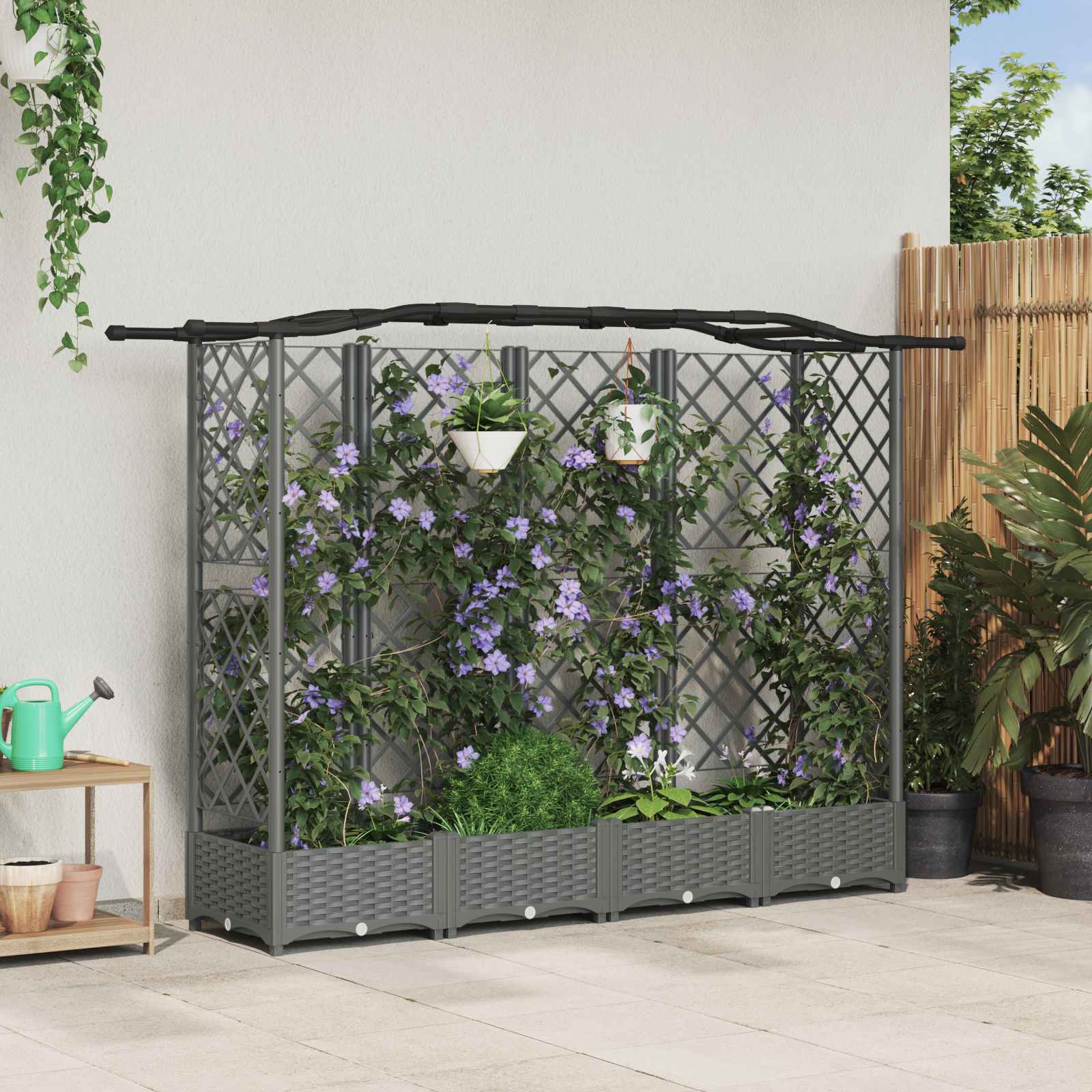 Verhoogd Bed met Trellis en Dak Lichtgrijs 203,5 x 40 x 123 cm