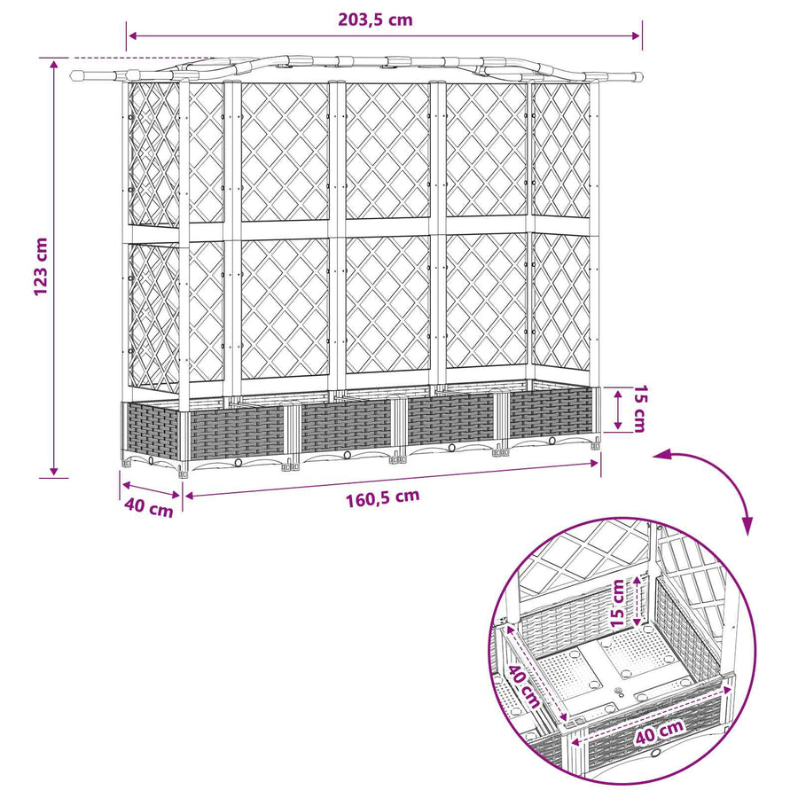 Verhoogd Bed met Trellis en Dak Lichtgrijs 203,5 x 40 x 123 cm