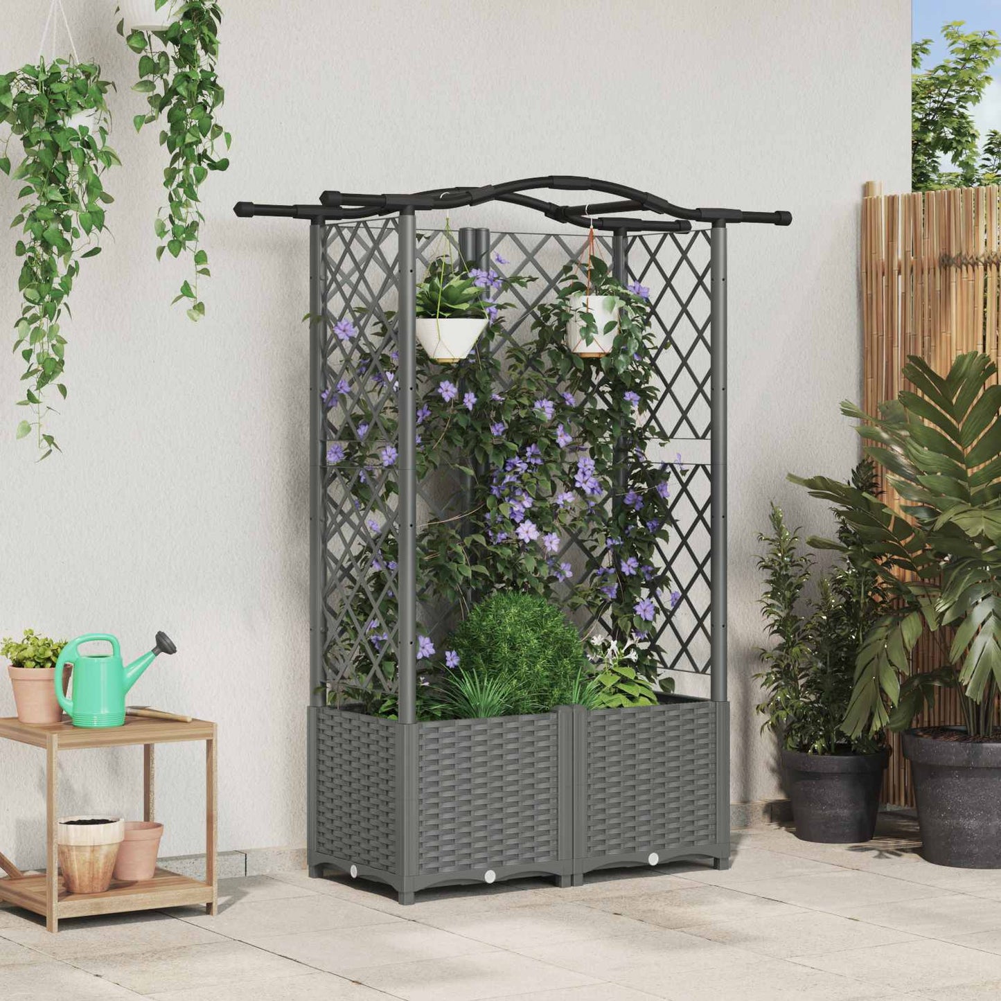 Verhoogd Bed met Trellis en Dak Lichtgrijs 122 x 40 x 138 cm PP