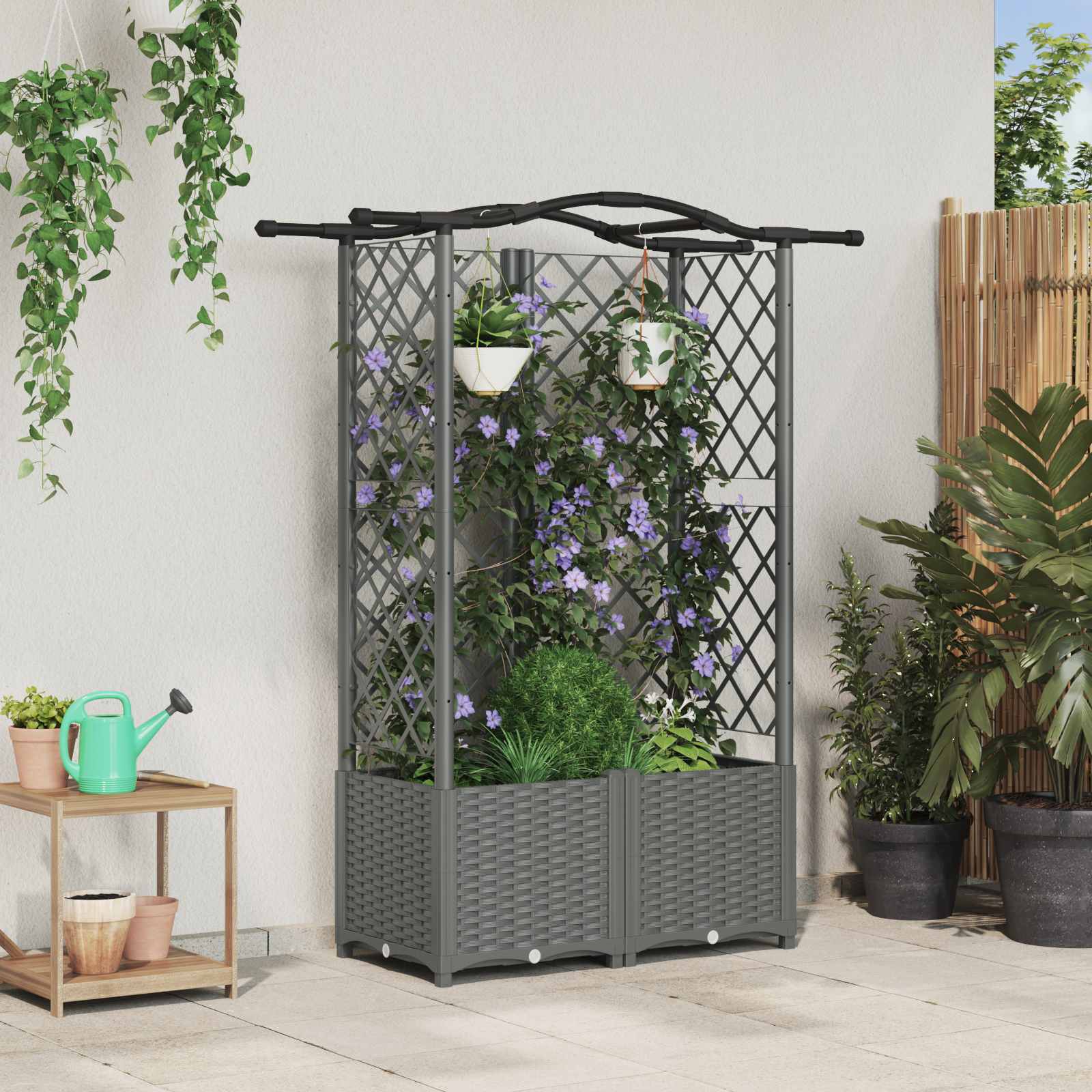 Verhoogd Bed met Trellis en Dak Lichtgrijs 122 x 40 x 138 cm PP