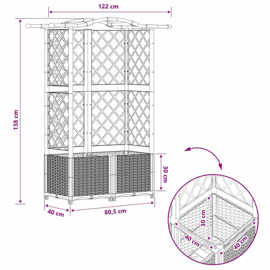 Verhoogd Bed met Trellis en Dak Lichtgrijs 122 x 40 x 138 cm PP