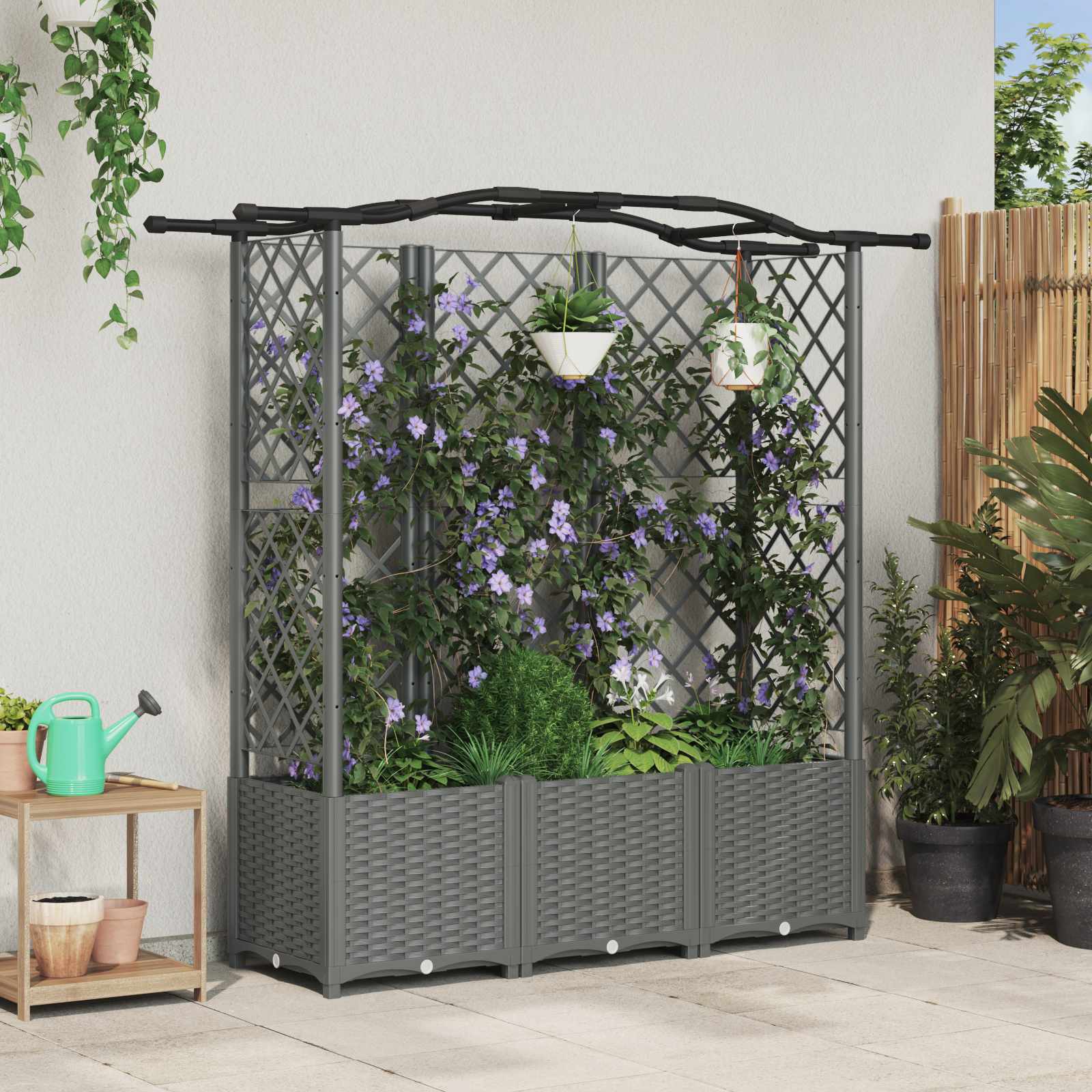 Verhoogd Bed met Trellis en Dak Lichtgrijs 163 x 40 x 138 cm PP