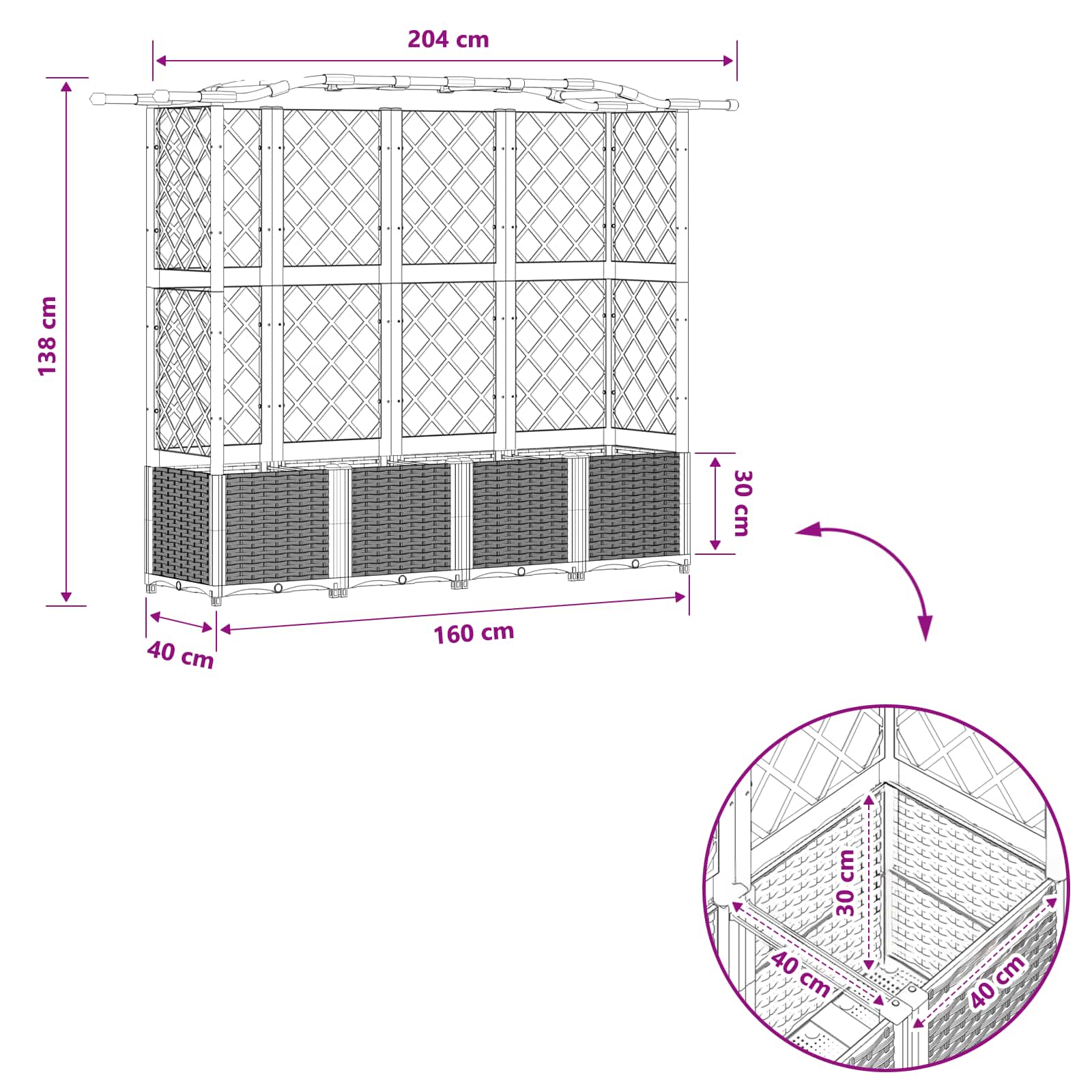 Verhoogd Bed met Trellis en Dak Lichtgrijs 204 x 40 x 138 cm PP