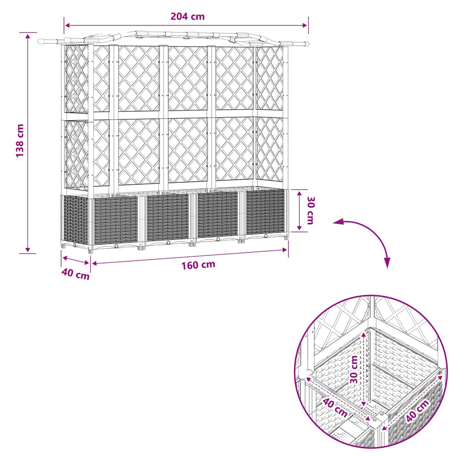 Verhoogd Bed met Trellis en Dak Lichtgrijs 204 x 40 x 138 cm PP