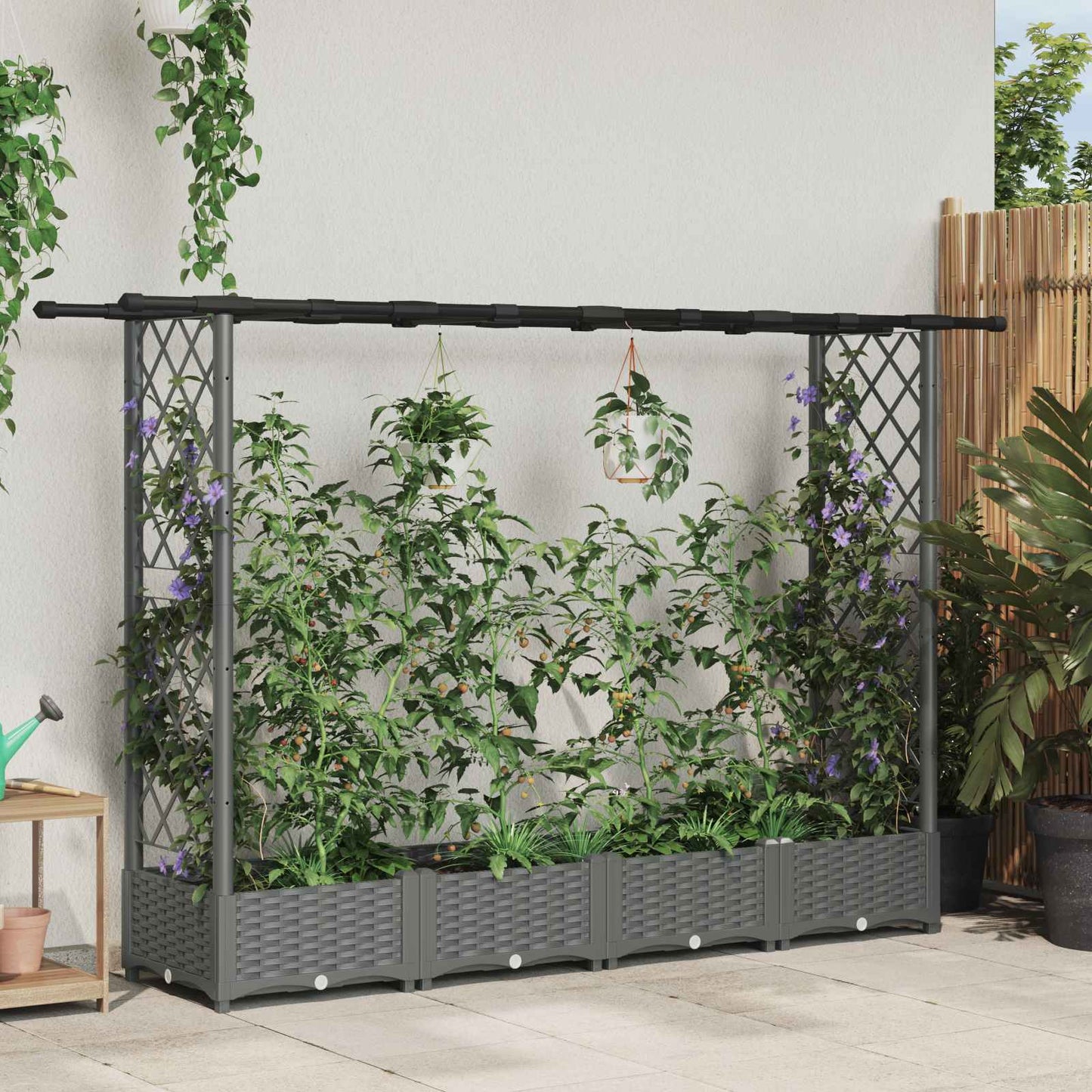 Verhoogd Bed met Trellis en Dak Lichtgrijs 203 x 40 x 121 cm PP