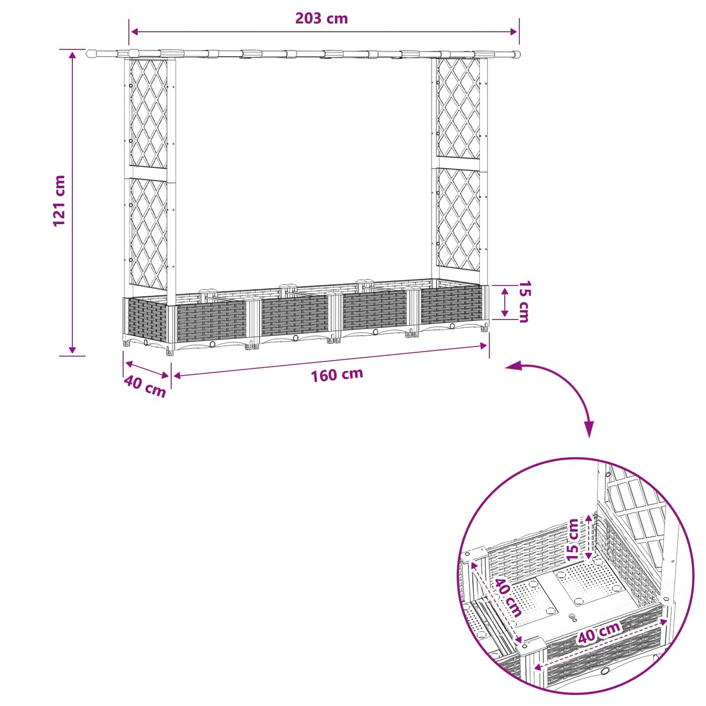 Verhoogd Bed met Trellis en Dak Lichtgrijs 203 x 40 x 121 cm PP