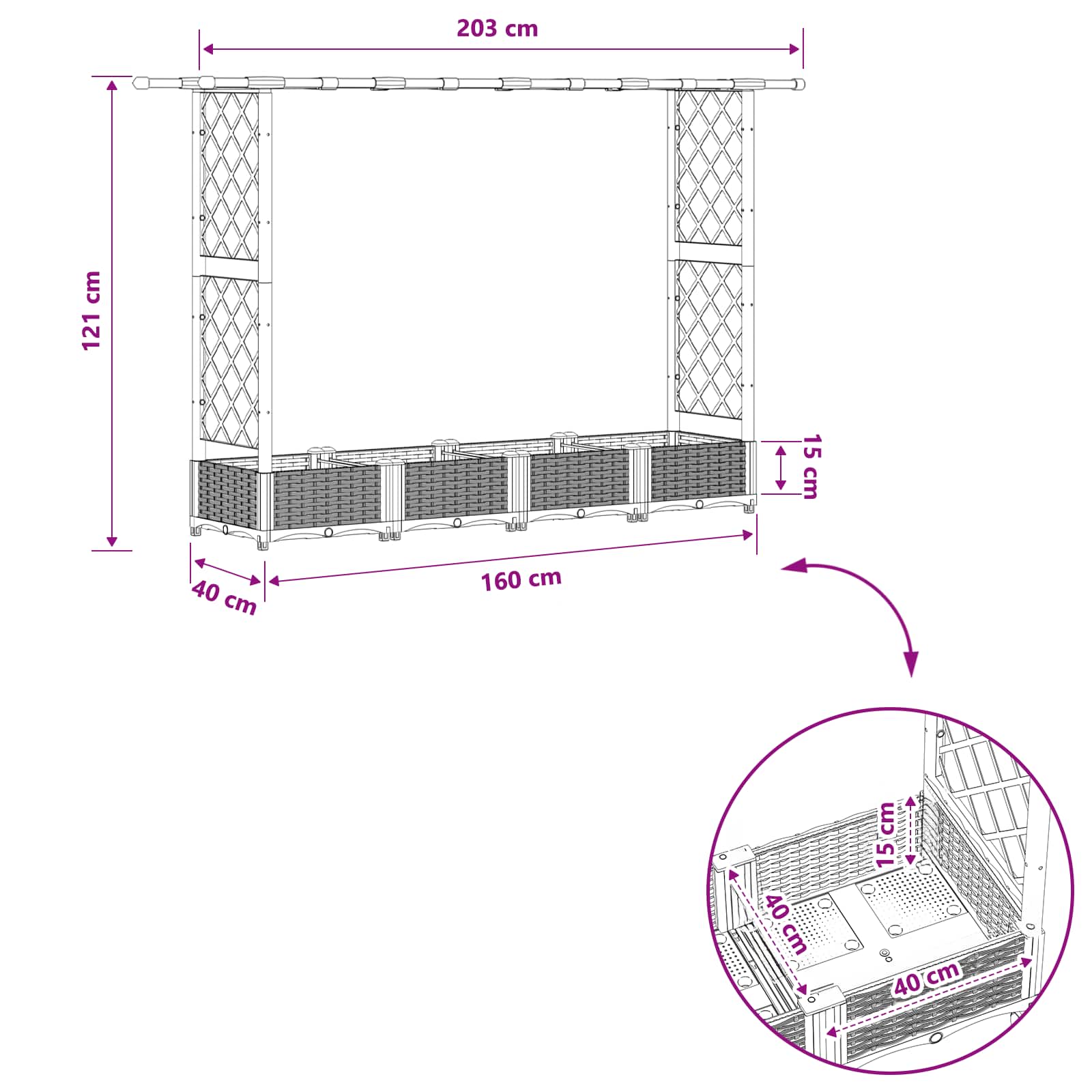 Verhoogd Bed met Trellis en Dak Lichtgrijs 203 x 40 x 121 cm PP