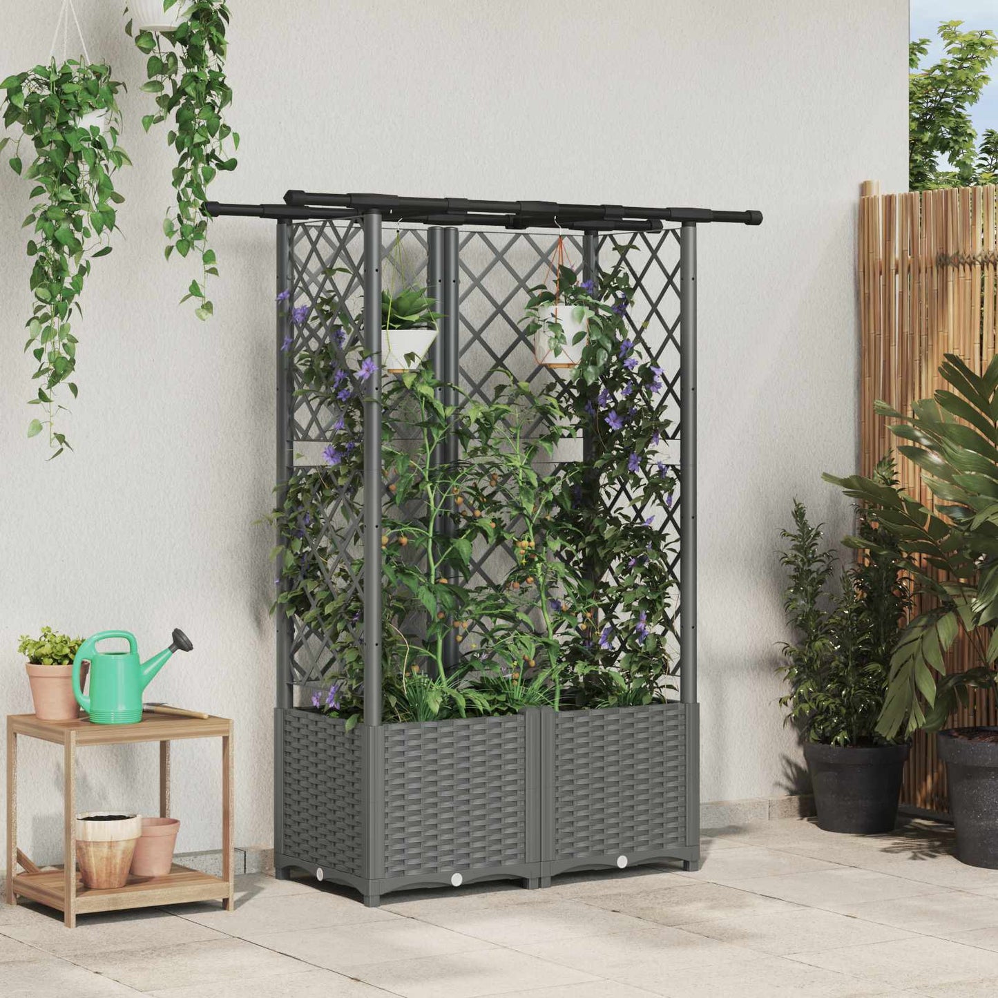 Verhoogd Bed met Trellis en Dak Lichtgrijs 124,5 x 40 x 138 cm