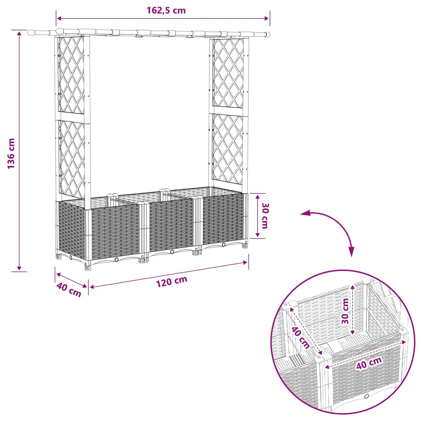 Verhoogd Bed met Trellis en Dak Lichtgrijs 162,5 x 40 x 136 cm