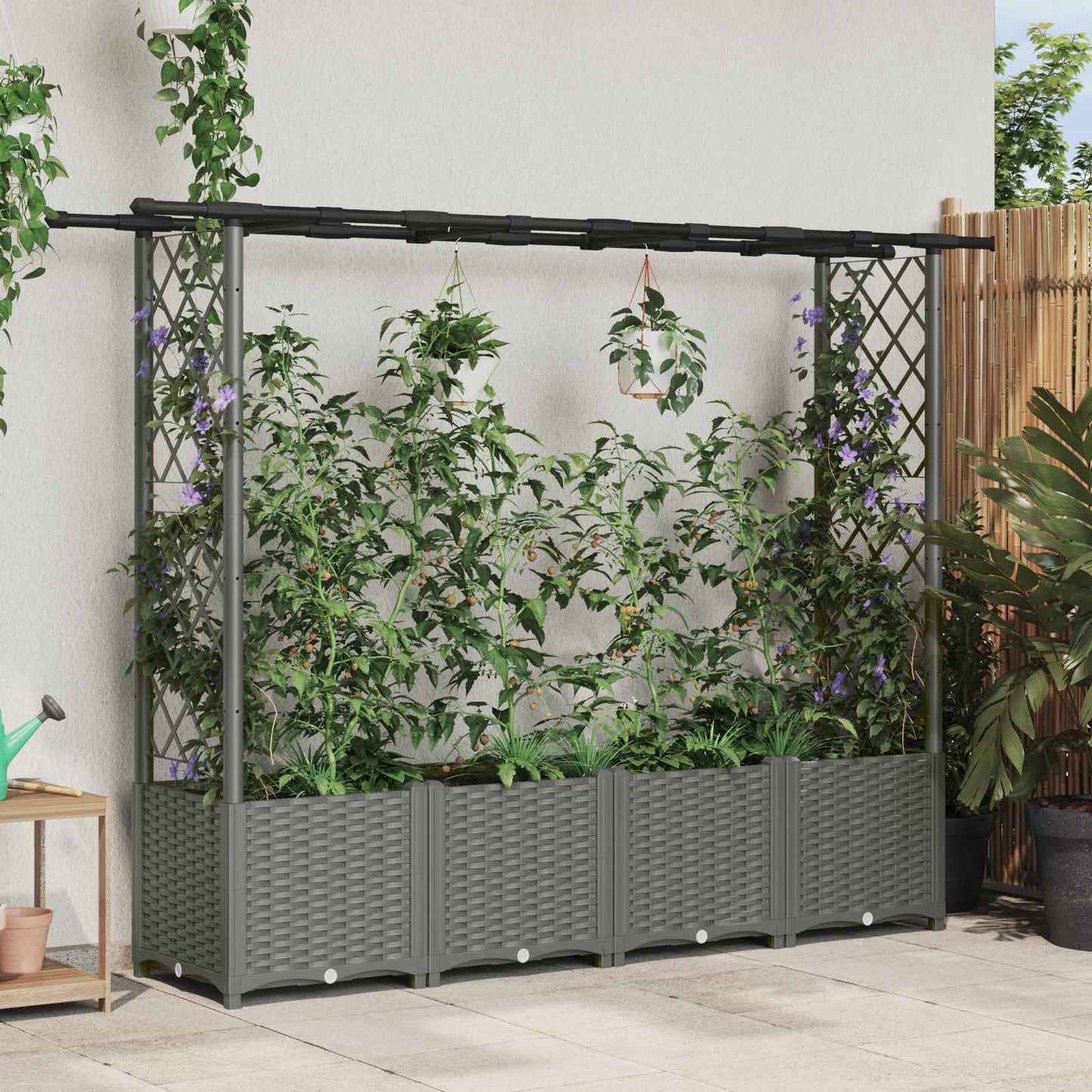 Verhoogd Bed met Trellis en Dak Lichtgrijs 203 x 40 x 136 cm PP