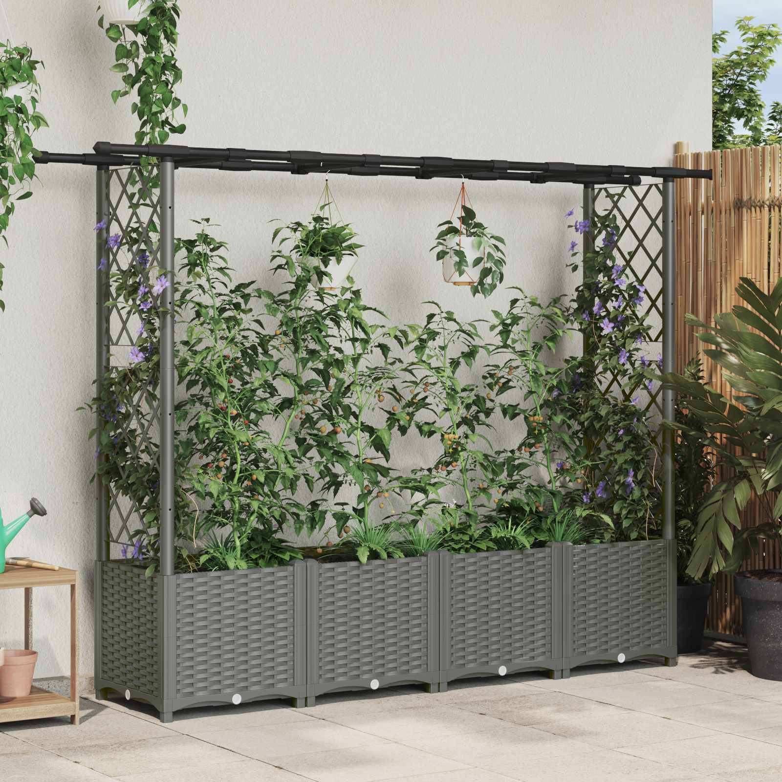 Verhoogd Bed met Trellis en Dak Lichtgrijs 203 x 40 x 136 cm PP