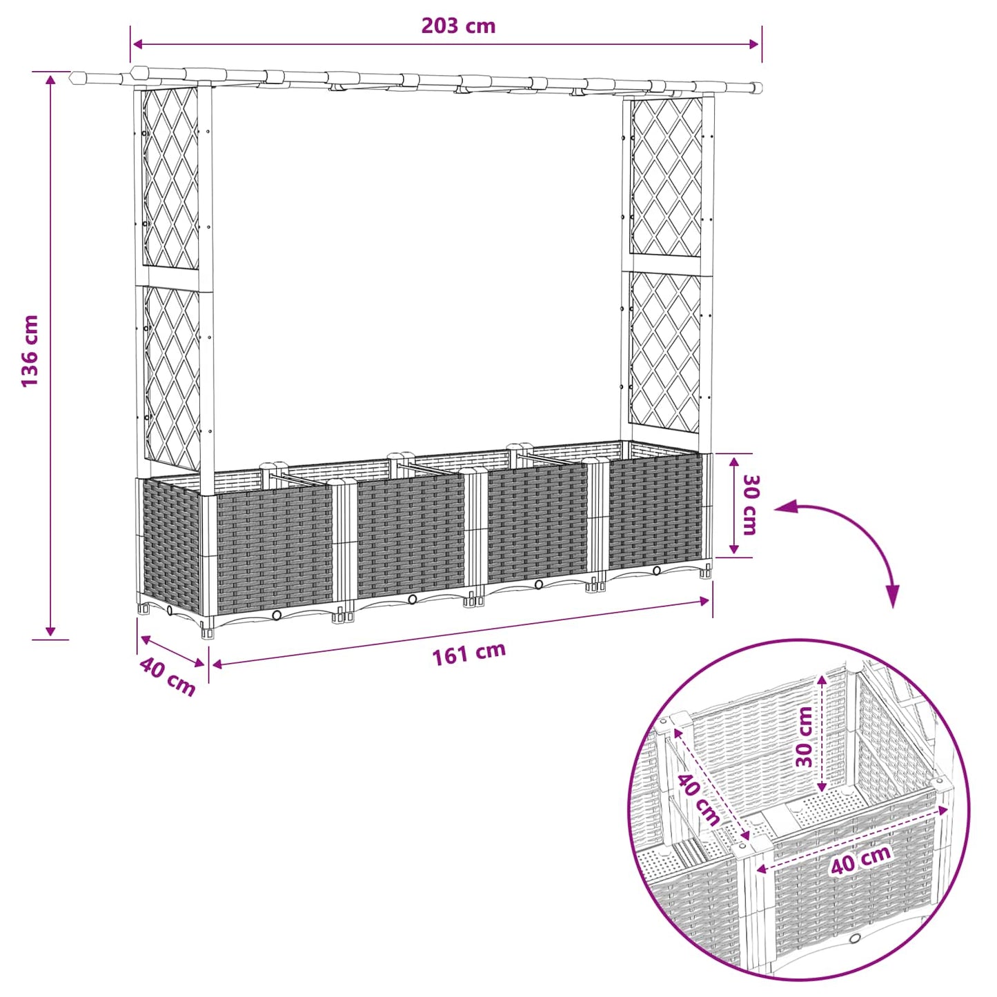 Verhoogd Bed met Trellis en Dak Lichtgrijs 203 x 40 x 136 cm PP