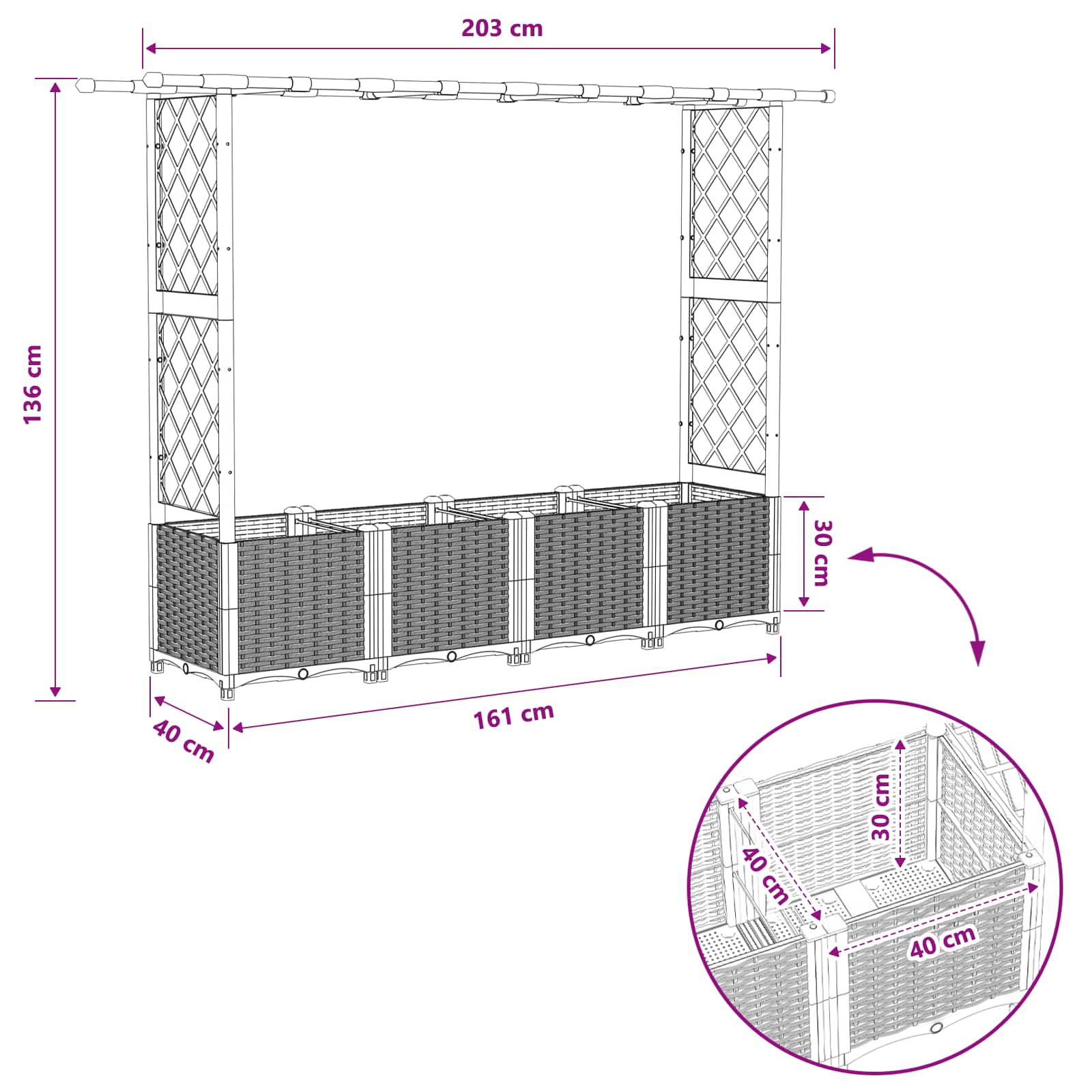 Verhoogd Bed met Trellis en Dak Lichtgrijs 203 x 40 x 136 cm PP