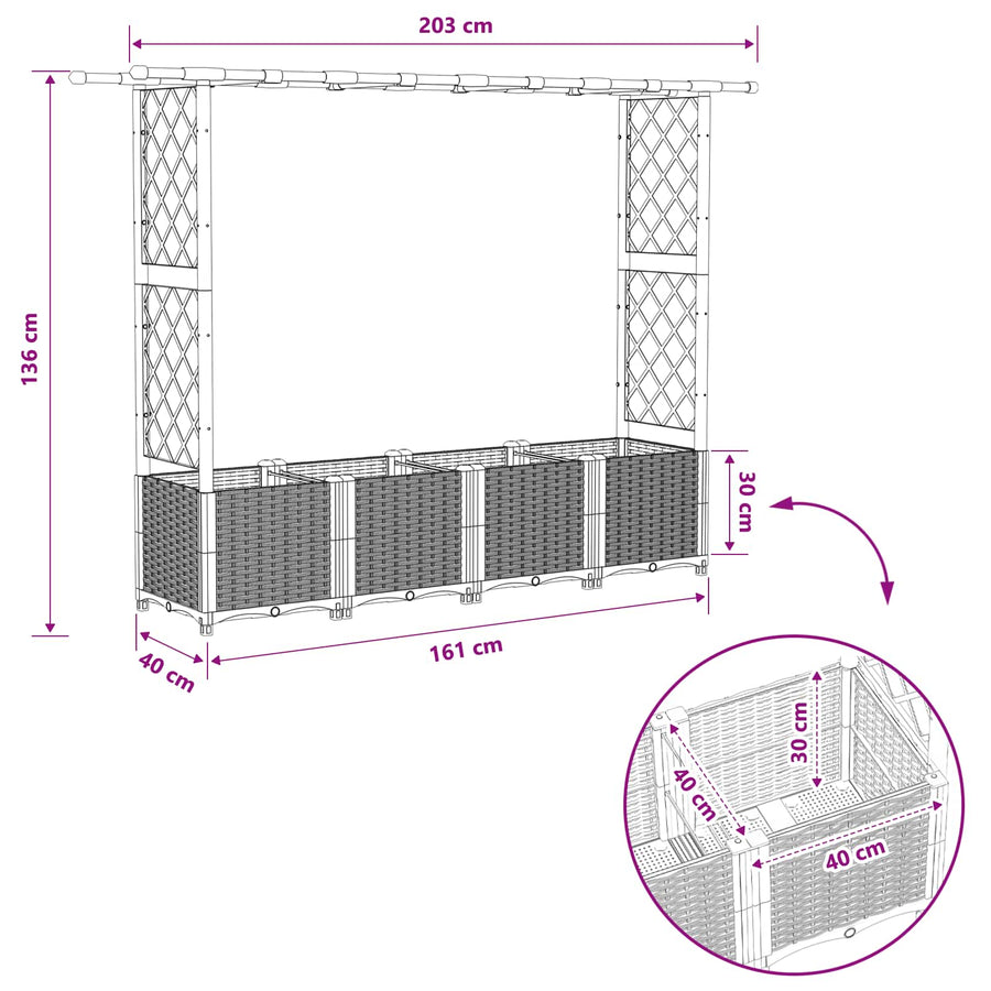 Verhoogd Bed met Trellis en Dak Lichtgrijs 203 x 40 x 136 cm PP