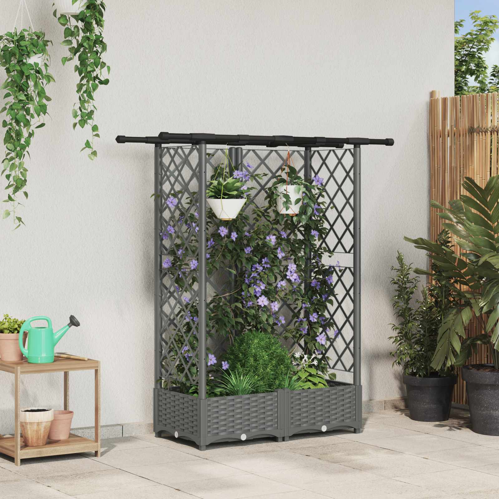 Verhoogd Bed met Trellis en Dak Lichtgrijs 124 x 40 x 121 cm PP