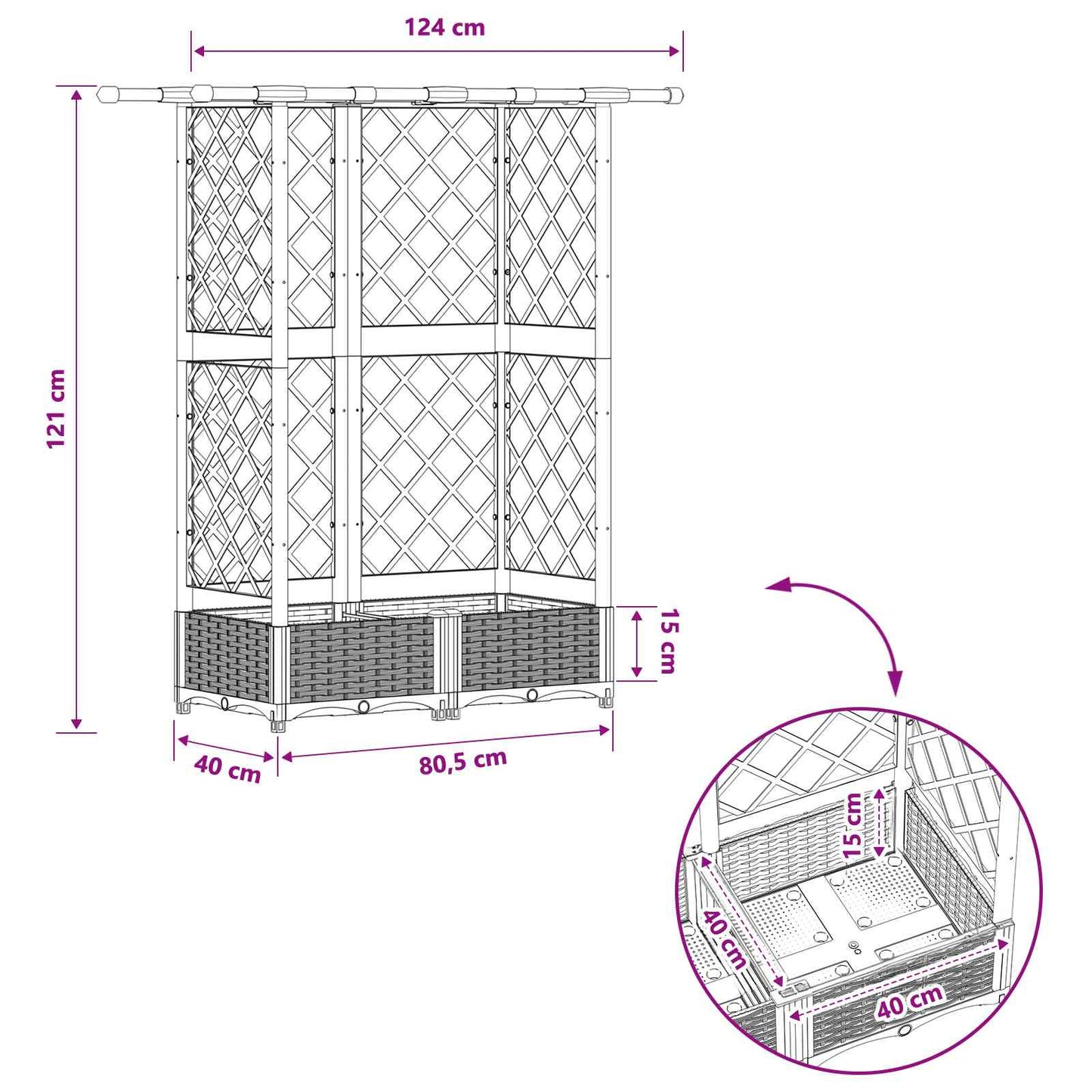 Verhoogd Bed met Trellis en Dak Lichtgrijs 124 x 40 x 121 cm PP