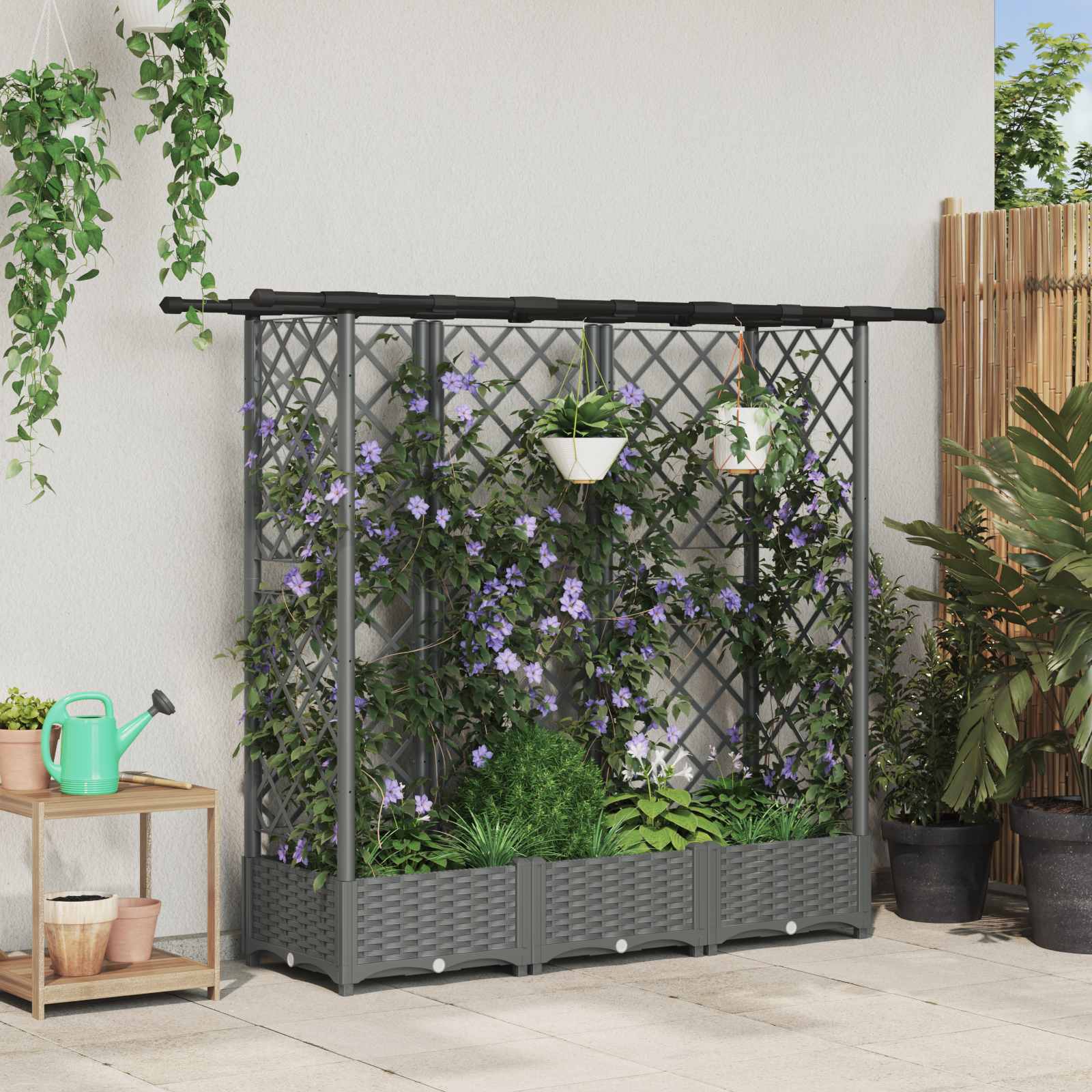Verhoogd Bed met Trellis en Dak Lichtgrijs 164 x 40 x 121 cm PP