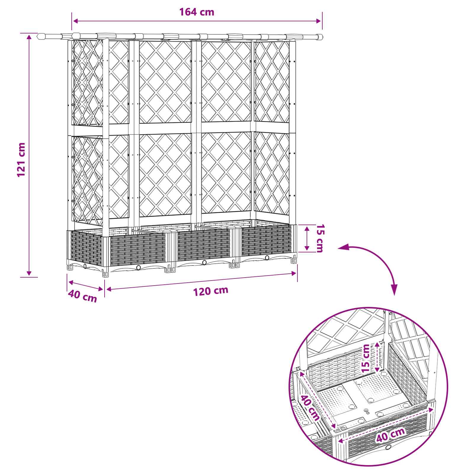 Verhoogd Bed met Trellis en Dak Lichtgrijs 164 x 40 x 121 cm PP