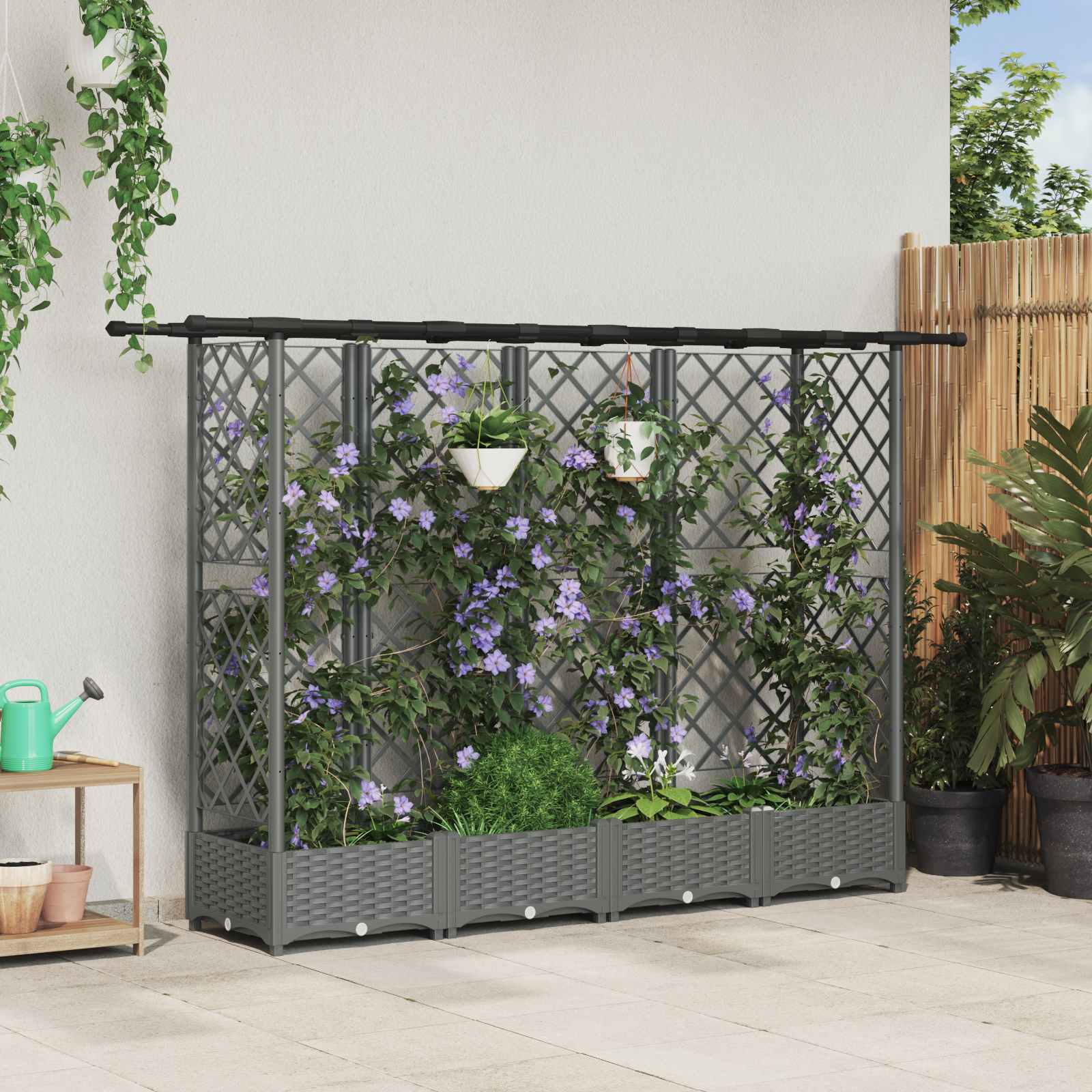 Verhoogd Bed met Trellis en Dak Lichtgrijs 202,5 x 40 x 121 cm