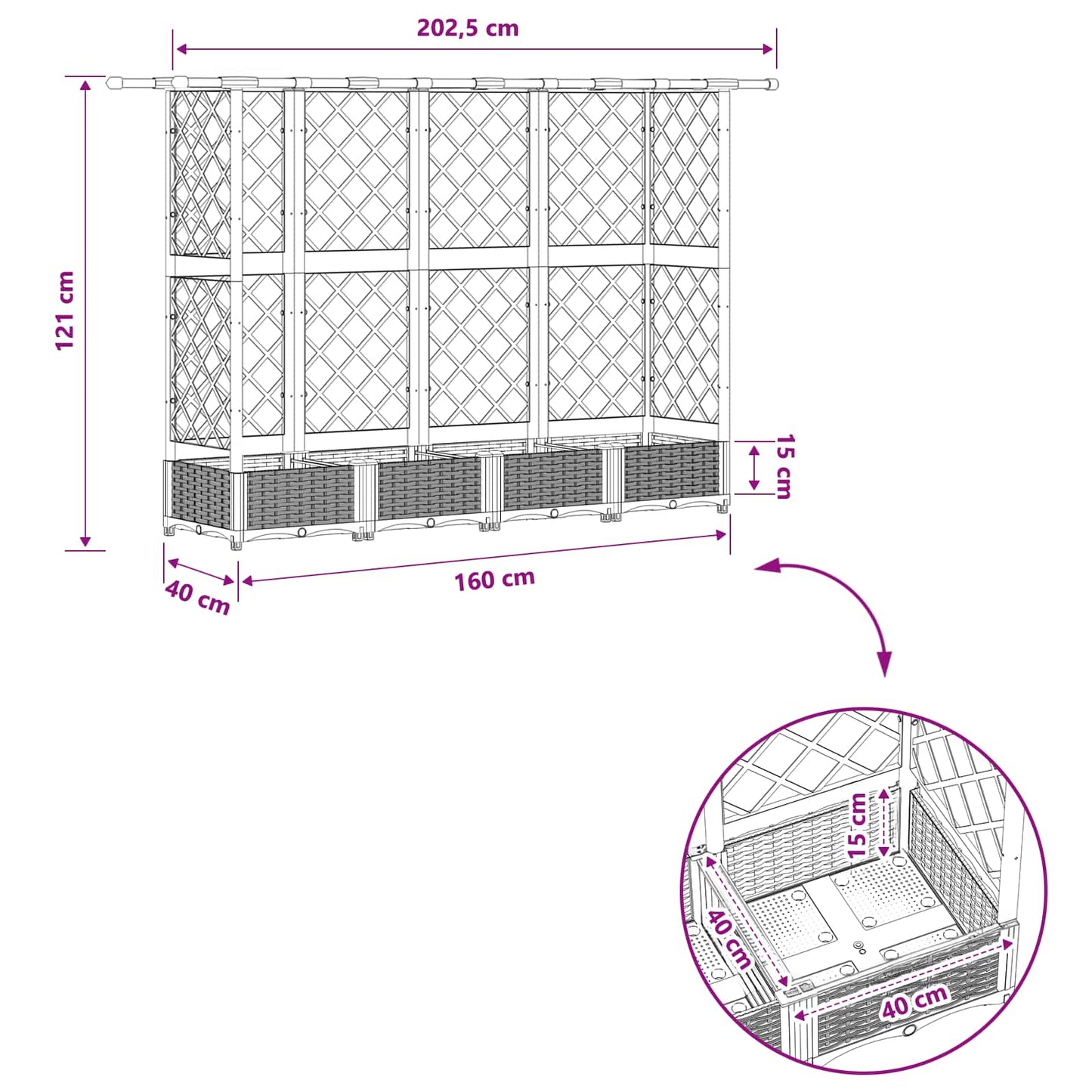 Verhoogd Bed met Trellis en Dak Lichtgrijs 202,5 x 40 x 121 cm