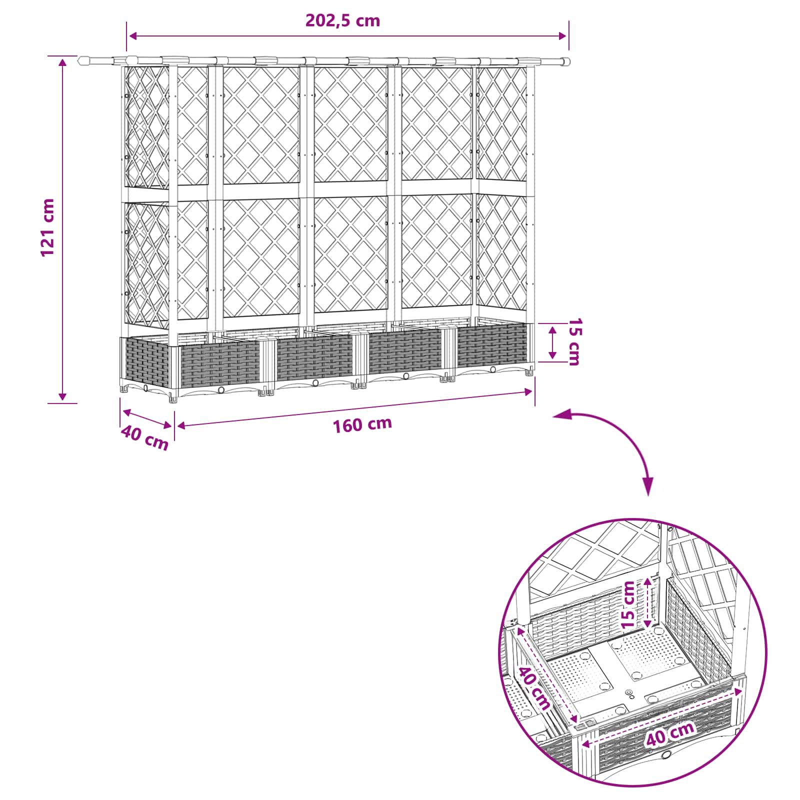 Verhoogd Bed met Trellis en Dak Lichtgrijs 202,5 x 40 x 121 cm