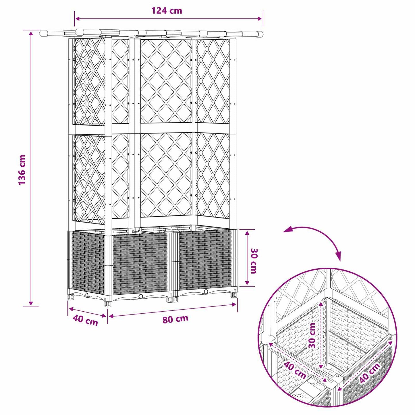 Verhoogd Bed met Trellis en Dak Lichtgrijs 124 x 40 x 136 cm PP