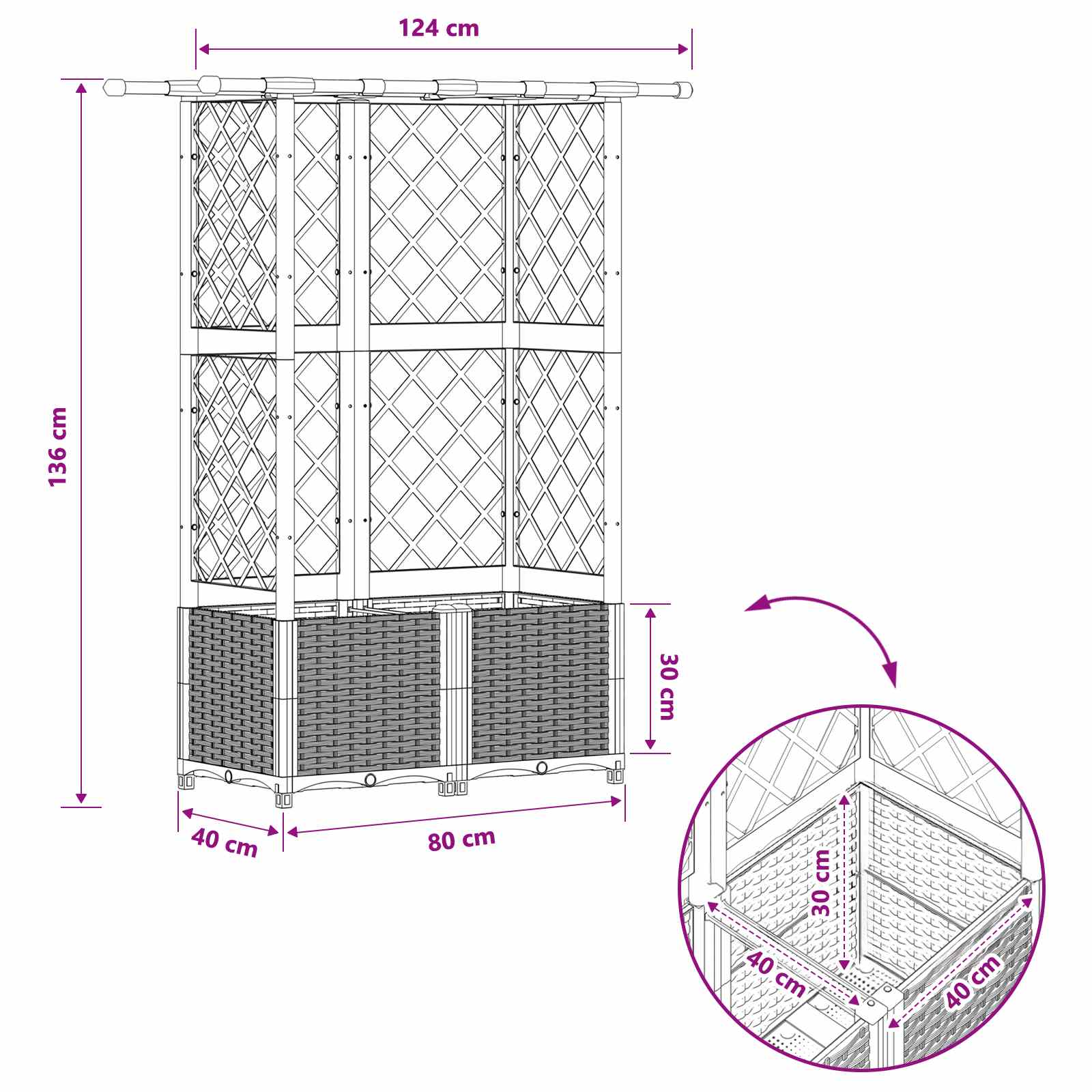 Verhoogd Bed met Trellis en Dak Lichtgrijs 124 x 40 x 136 cm PP