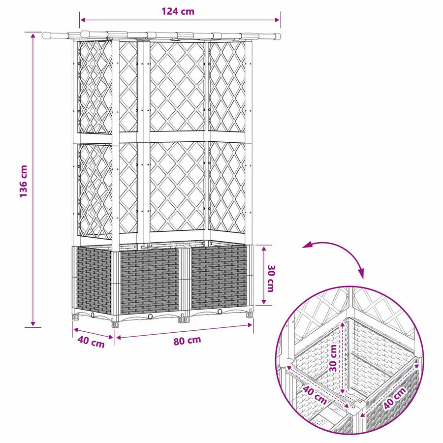 Verhoogd Bed met Trellis en Dak Lichtgrijs 124 x 40 x 136 cm PP