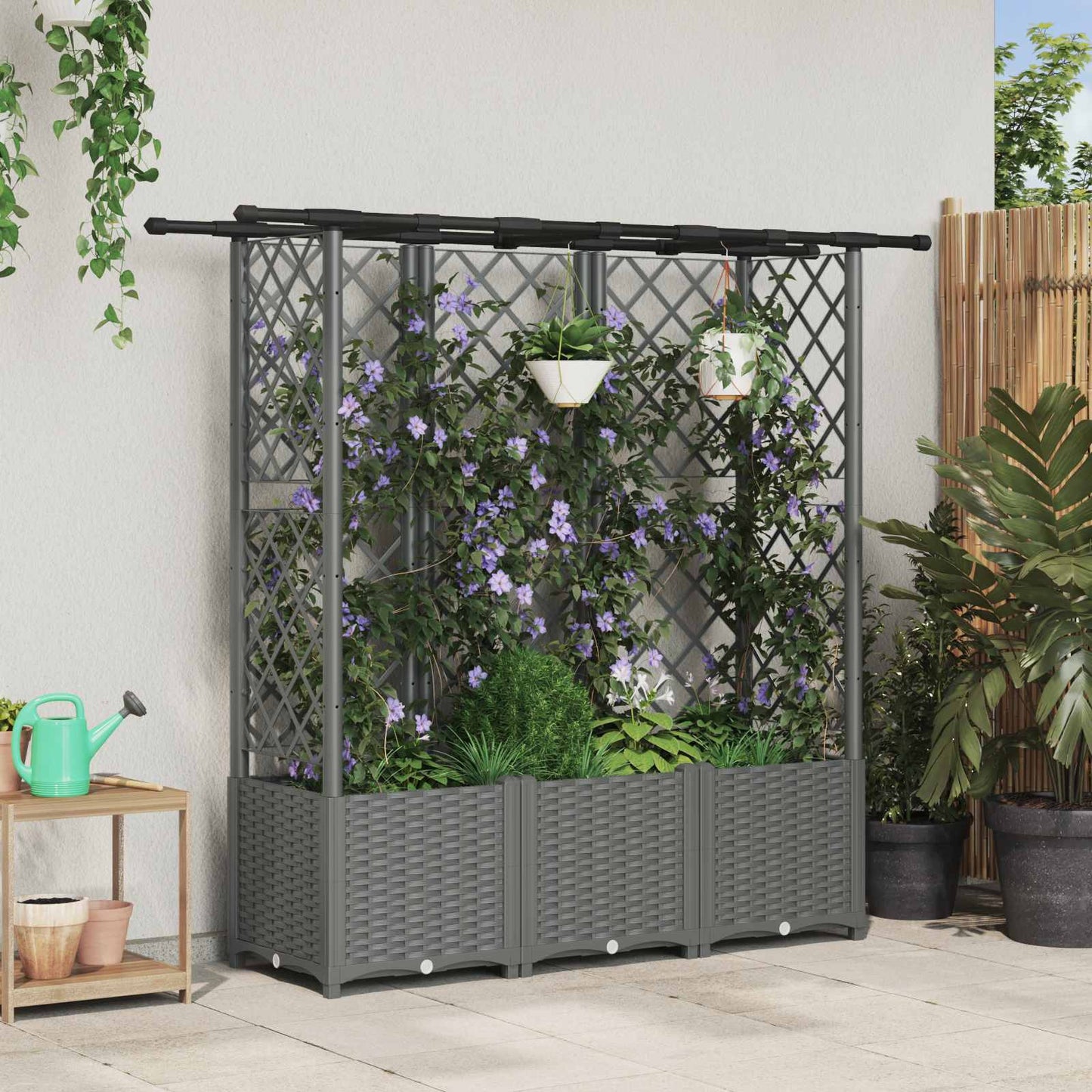Verhoogd Bed met Trellis en Dak Lichtgrijs 163,5 x 40 x 136 cm