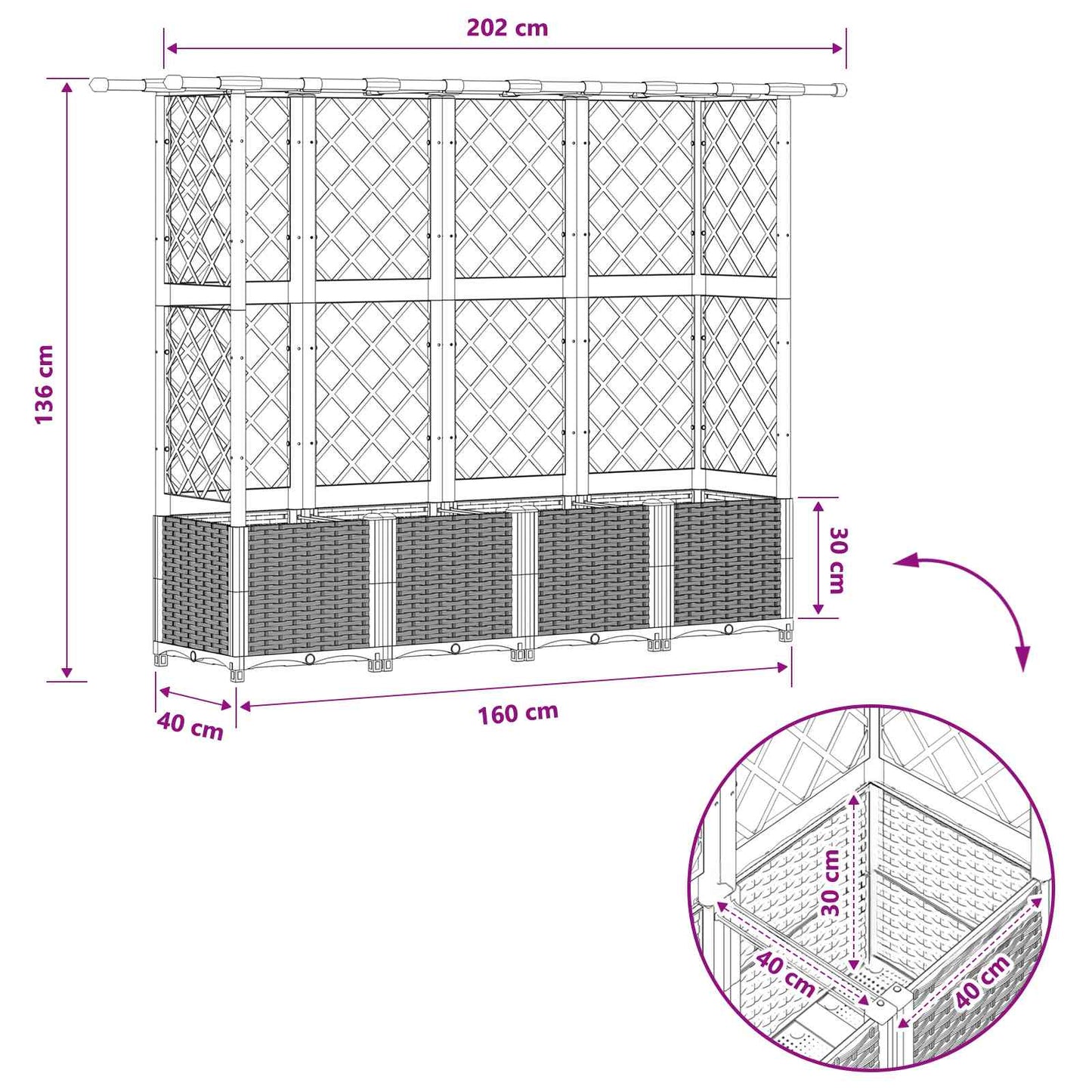 Verhoogd Bed met Trellis en Dak Lichtgrijs 202 x 40 x 136 cm PP