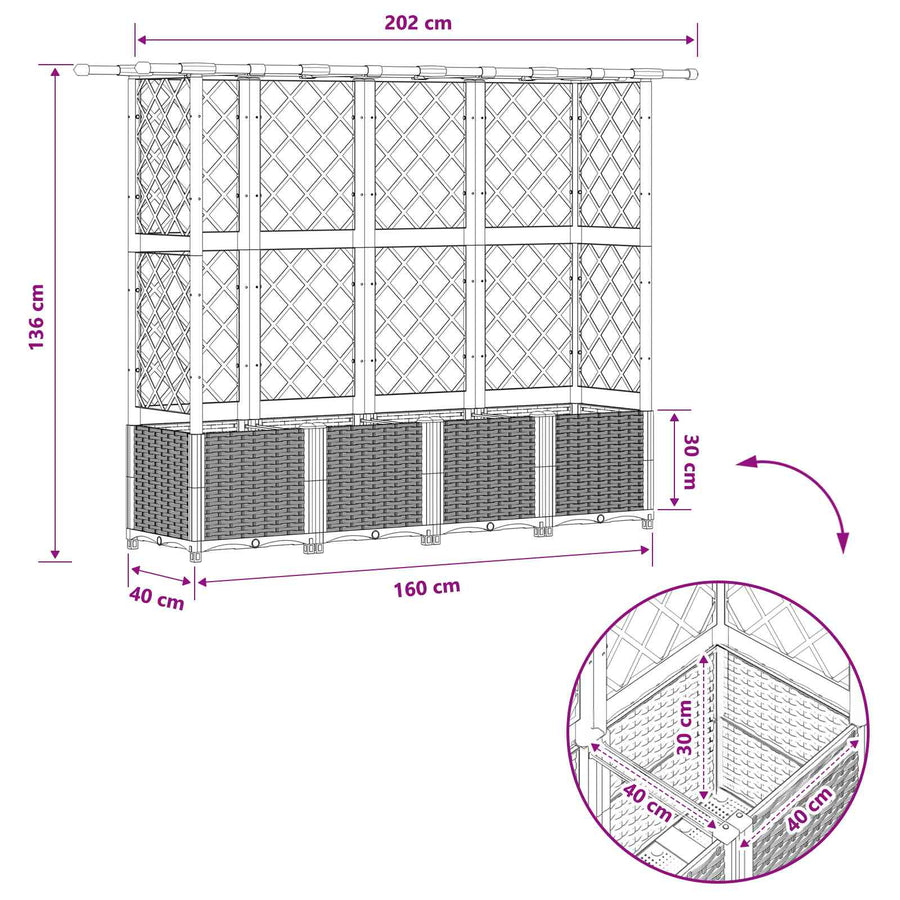 Verhoogd Bed met Trellis en Dak Lichtgrijs 202 x 40 x 136 cm PP