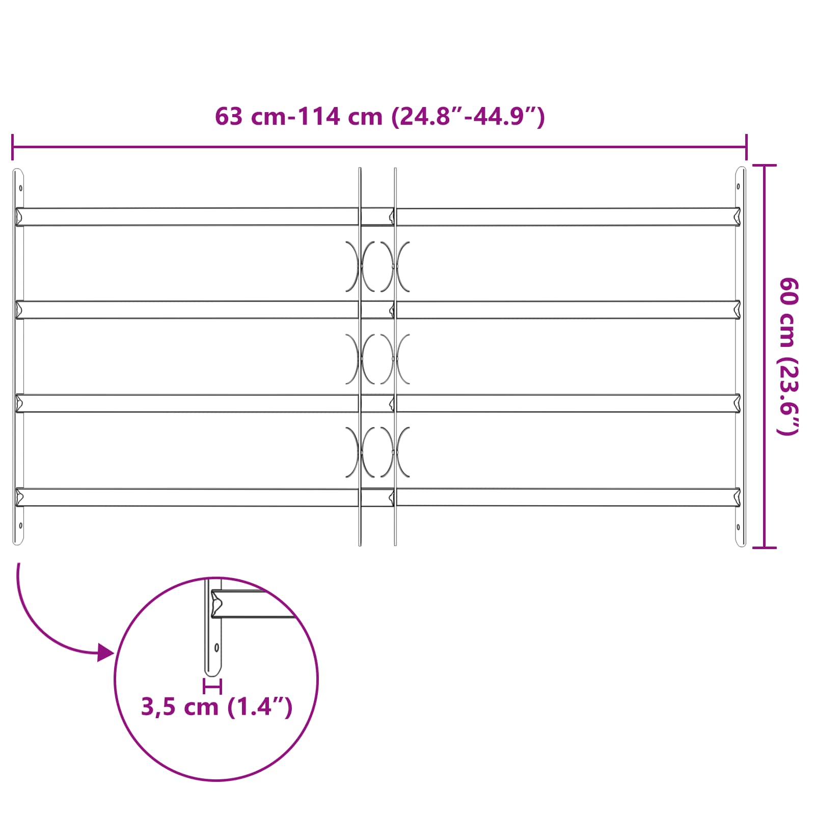 Beveiligingsrooster voor ramen met 4 kruisbalken 63-114 cm