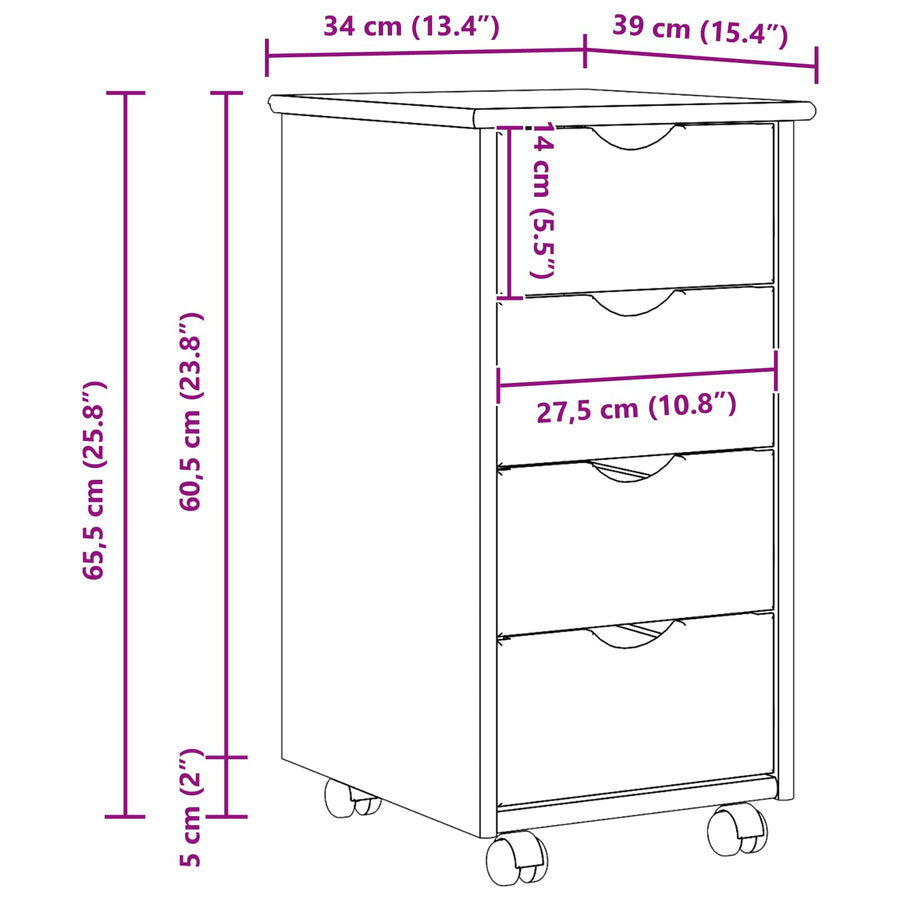 Rolling Kast met wiel Bruin 65,5 x 34 x 39 cm Massief Vurenhout