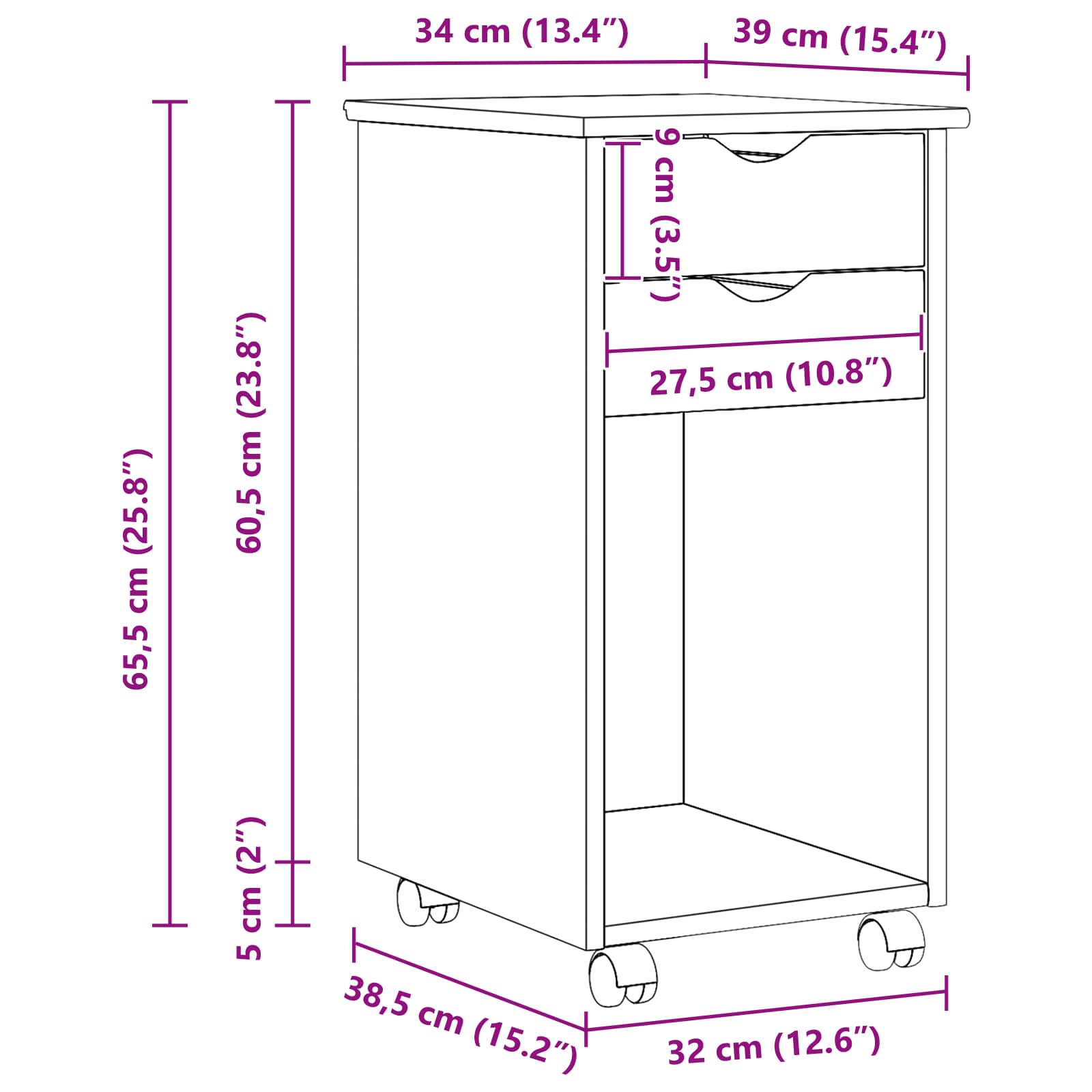 Rolling Kast Bruin 34 x 39 x 65,5 cm Massief grenenhout