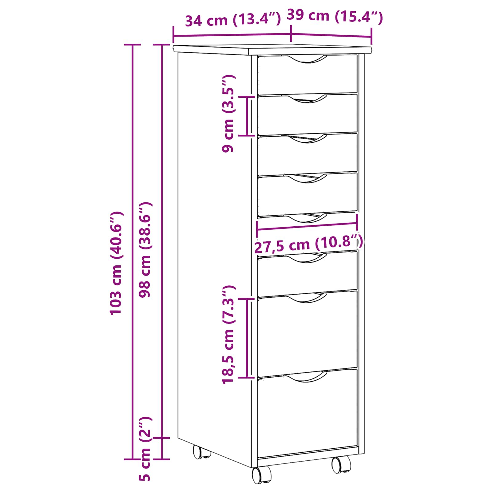Rolling Cabinet met Laden MOSS Heldere Vernis 34 x 39 x 103 cm