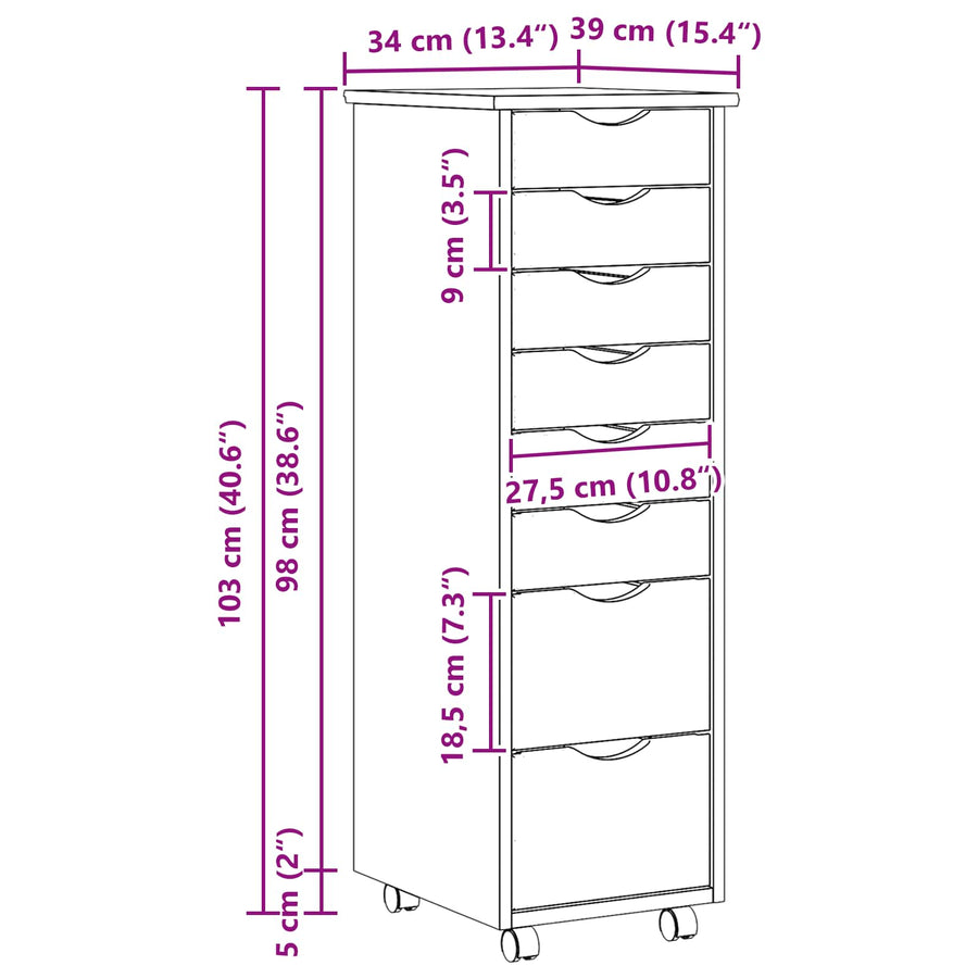 Rolling Cabinet met Laden MOSS Heldere Vernis 34 x 39 x 103 cm