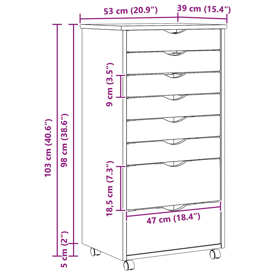 Rolling Cabinet met Laden MOSS Heldere Vernis 53 x 39 x 103 cm