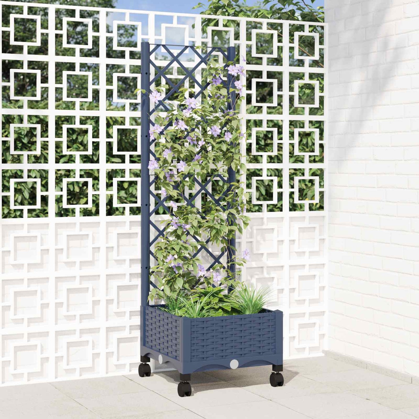 Tuinplantbak met schutting en wielen Blauw Grijs PP