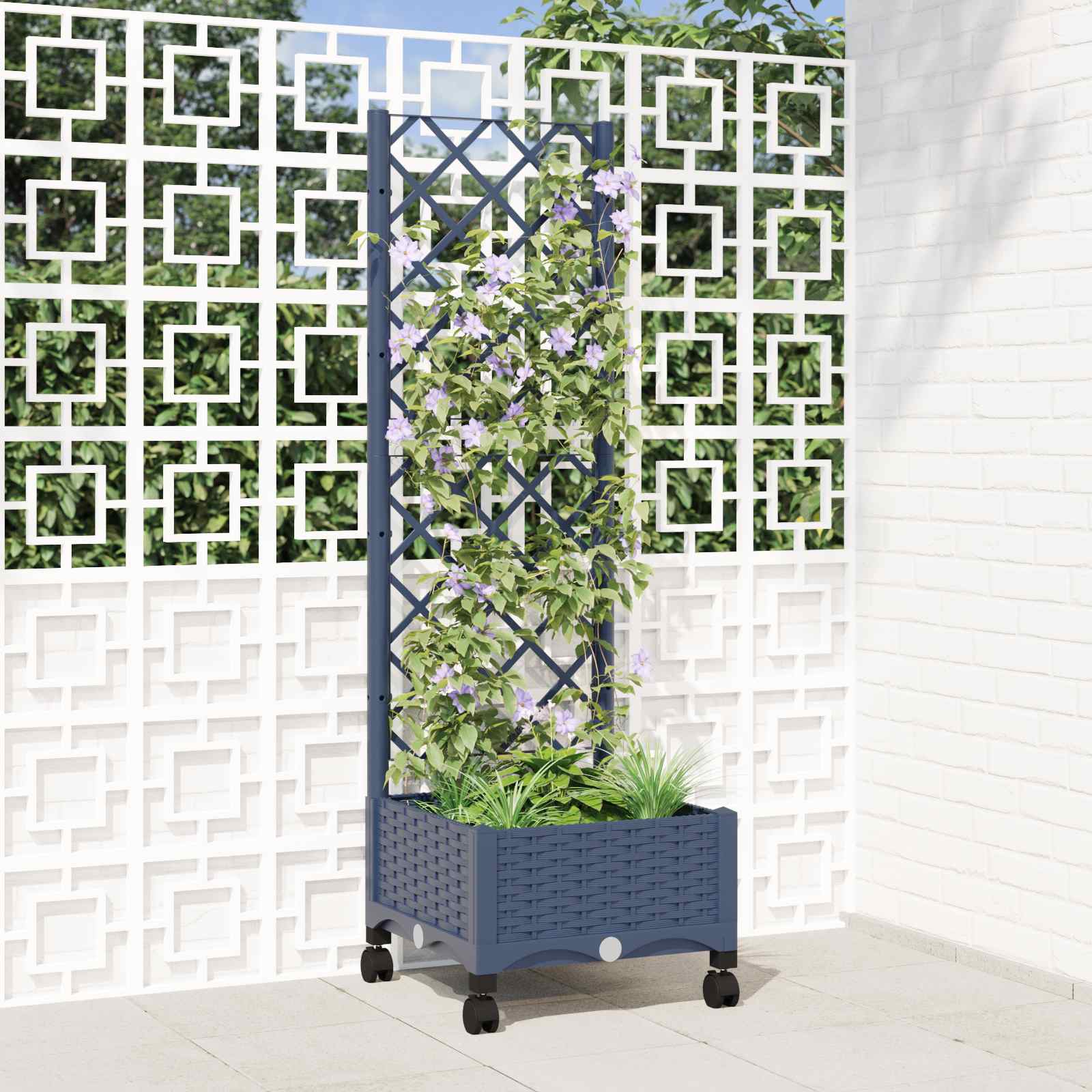 Tuinplantbak met schutting en wielen Blauw Grijs PP