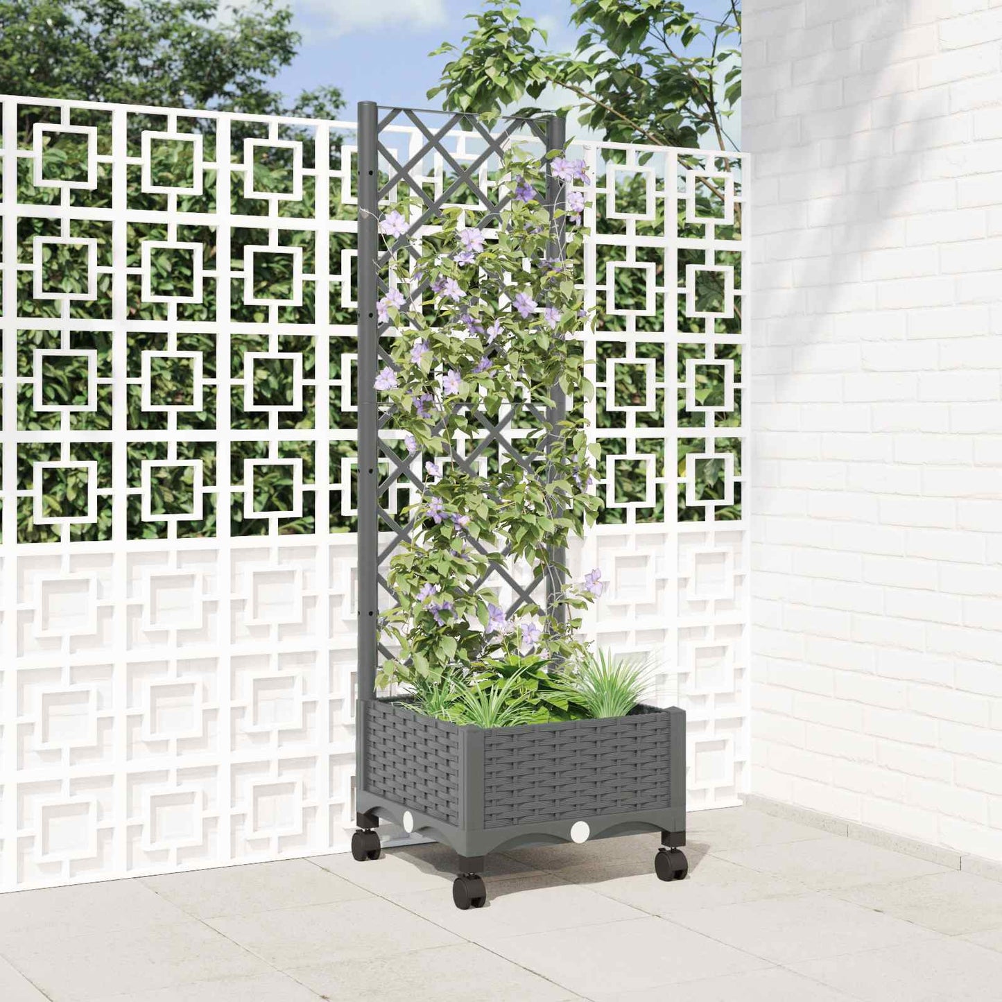 Tuinplantbak met schutting en wielen Lichtgrijs PP