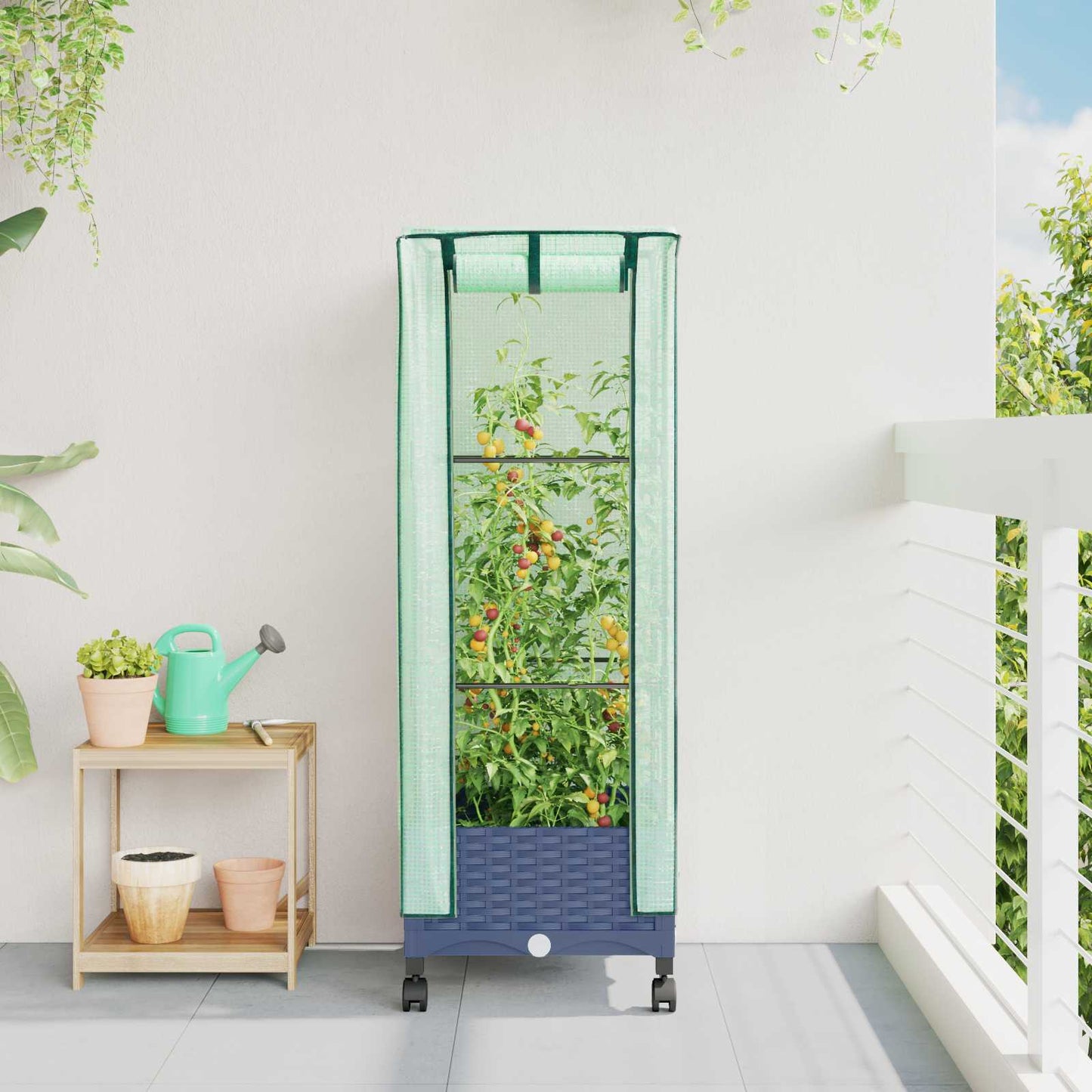 Tuinplantenbak met Kasbedekking en Wielen Blauw Grijs PP